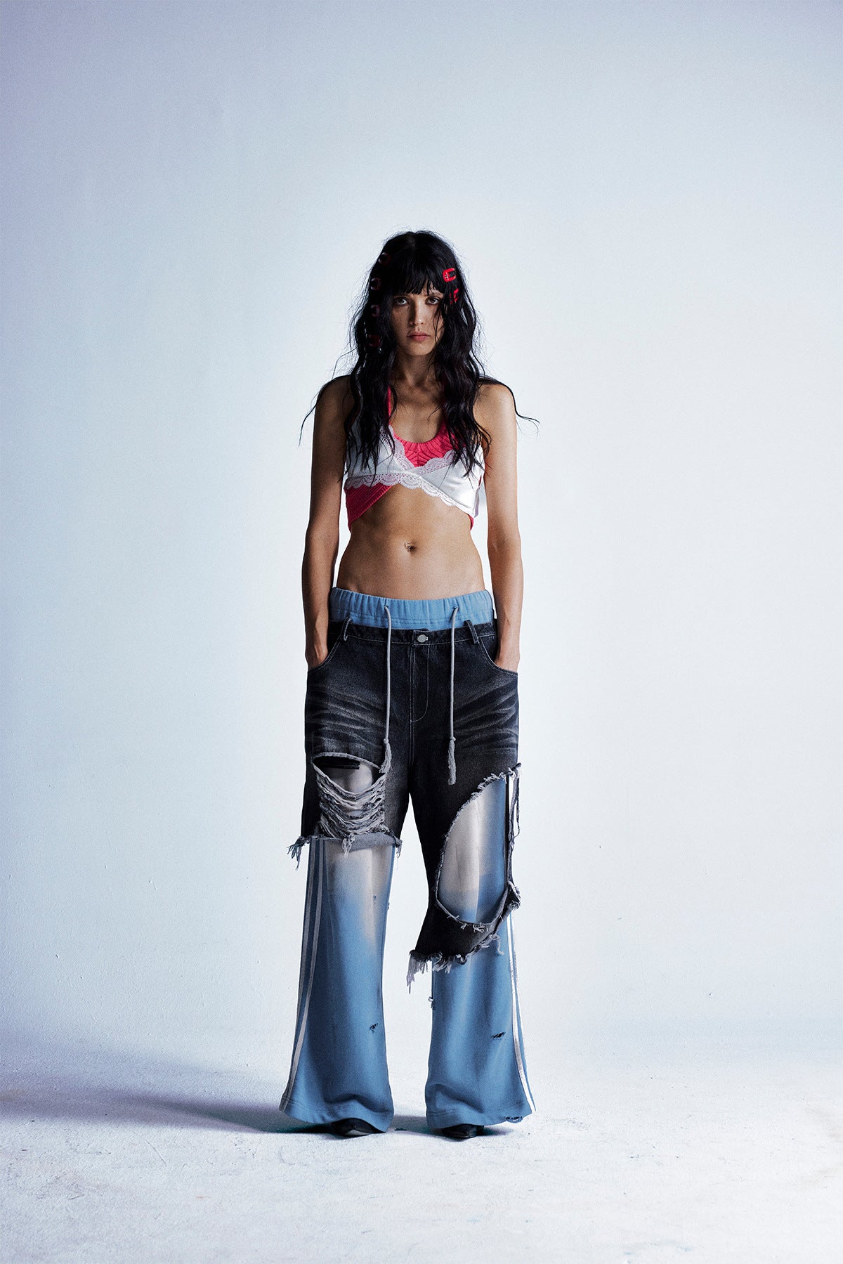 Fake Two-piece Contrast Color Stitching Ripped Jeans