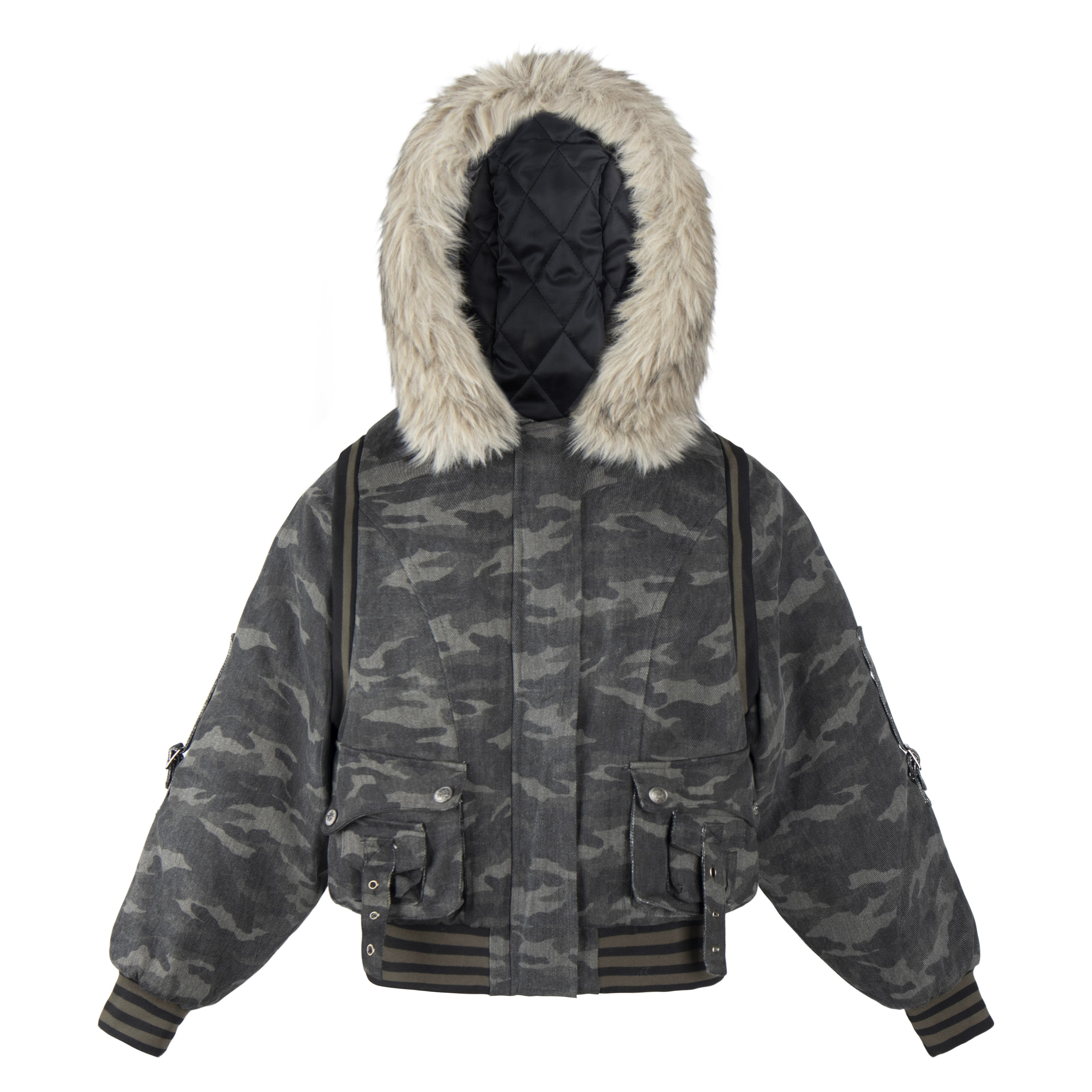 2-Way Detachable Sleeve Camo Furry Hooded Short Puffer