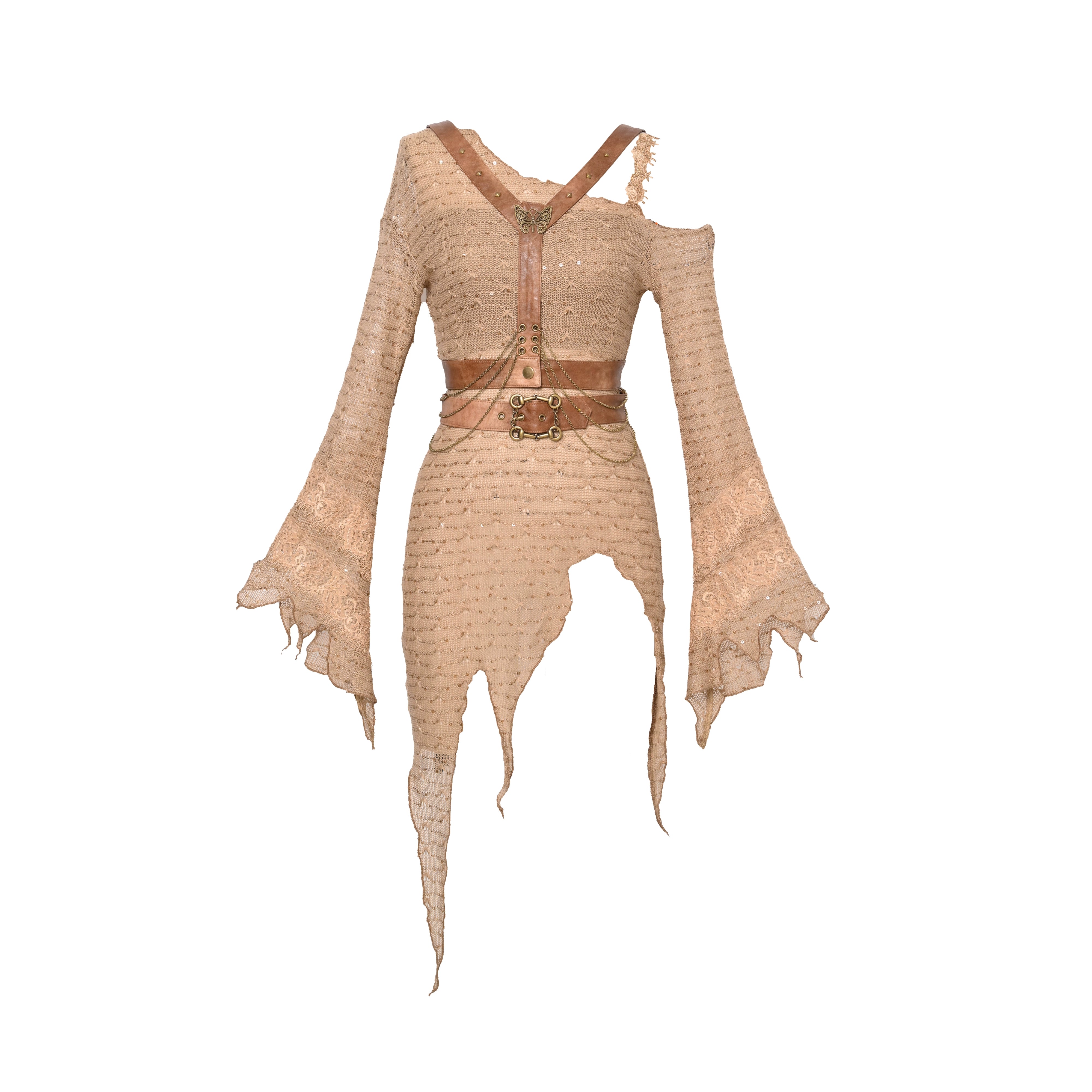 Sanhoostudio Knit Waist Belt Two-Piece made from 100% polyester features distressed punk style with cropped knit top and belt detail. Perfect for streetwear, casual summer outfits, or festival fashion.