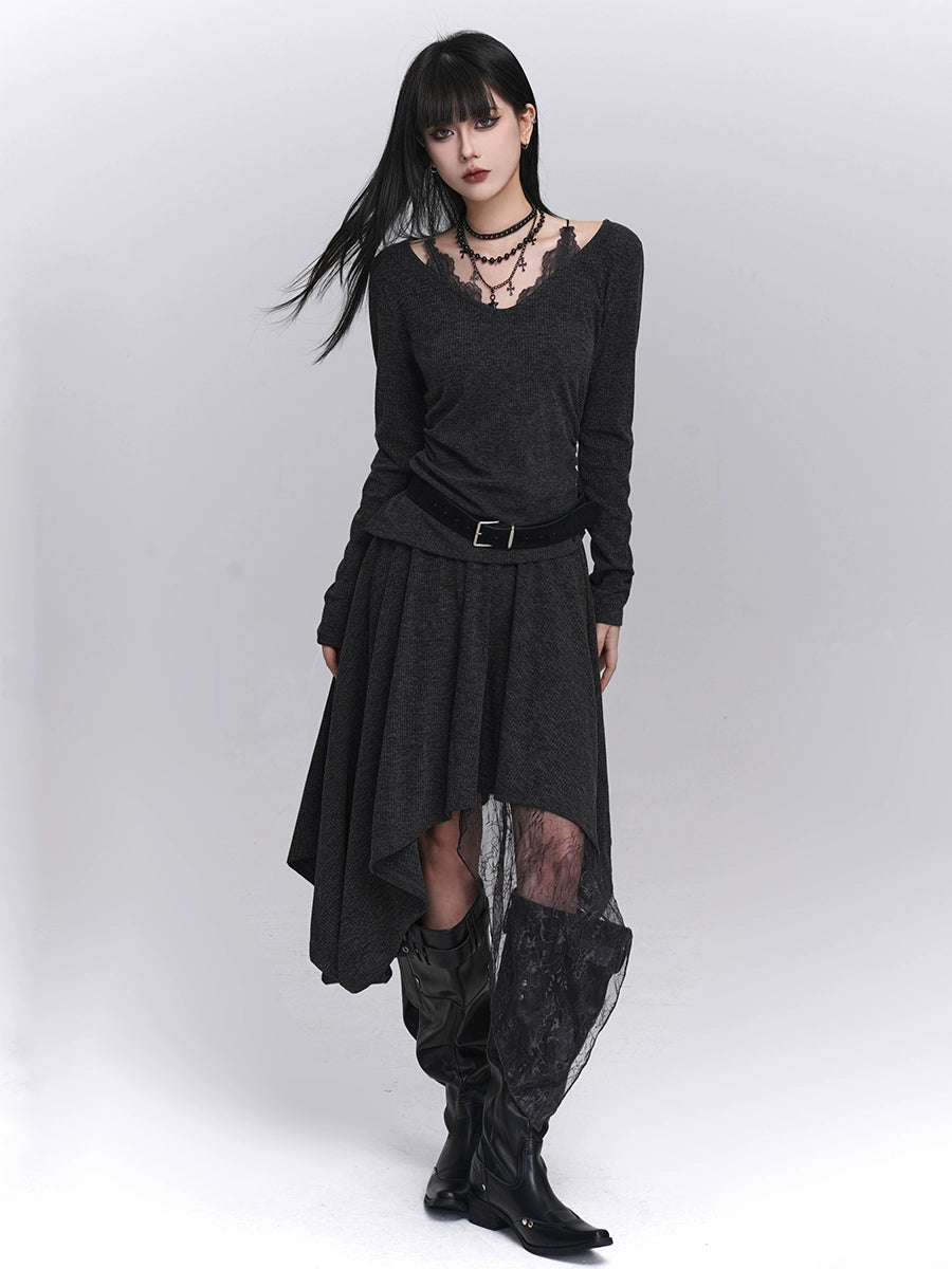 Discover Sanhoostudio’s early autumn two-piece skirt set with a unique off-shoulder top and irregular skirt. Ideal for chic layering, street fashion, and stylish day looks.