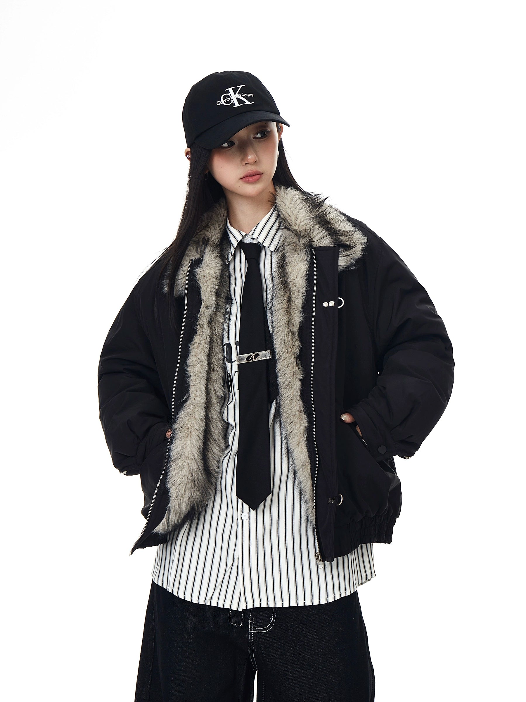 High-Street Bomber Jacket with Fur Collar