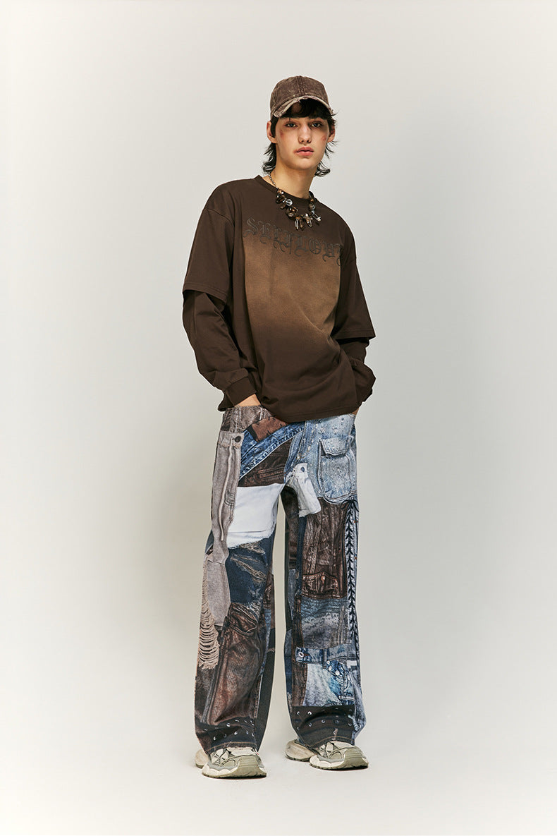 Digital Printed Patchwork Jeans