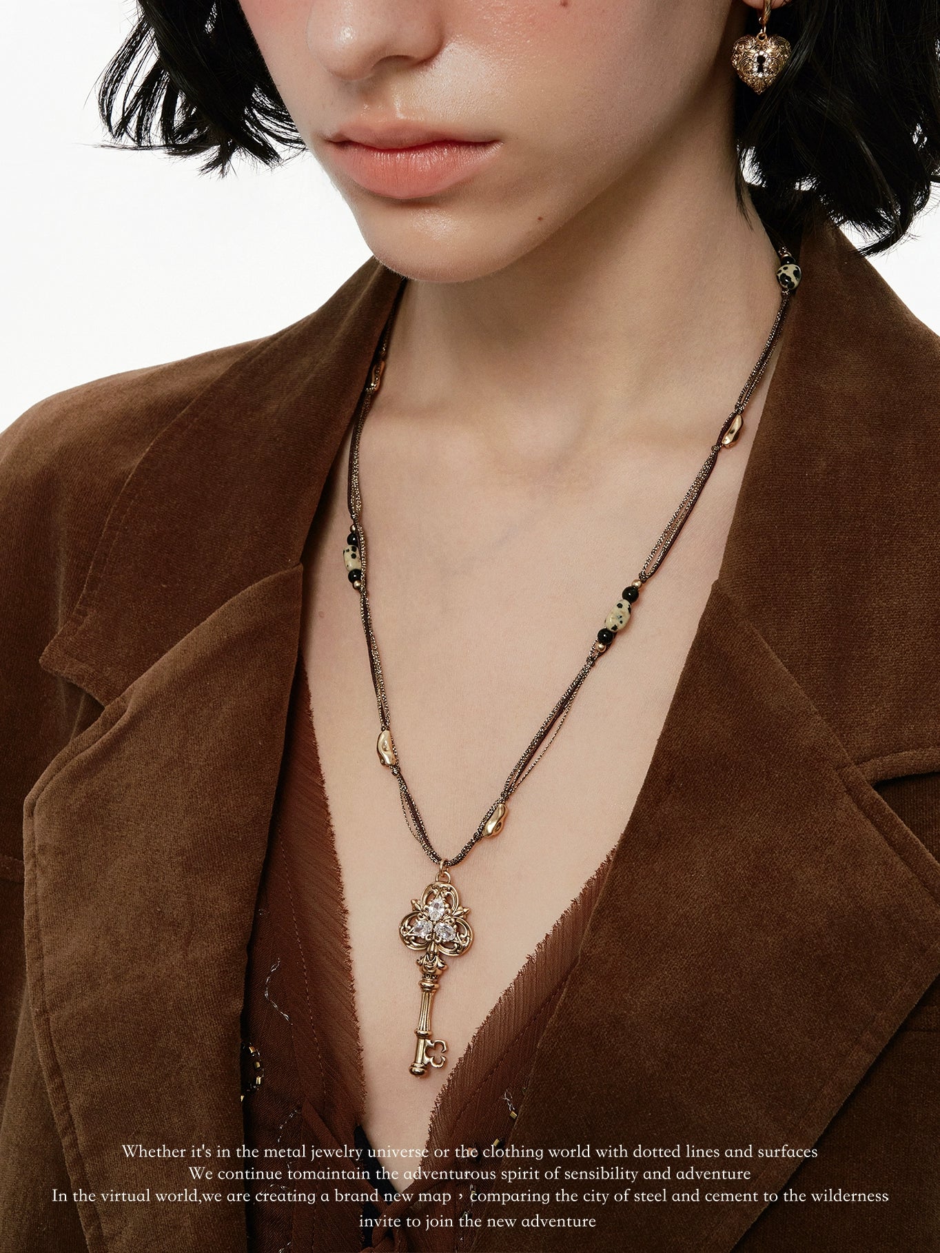 Beaded Key Pendant Sweater Necklace