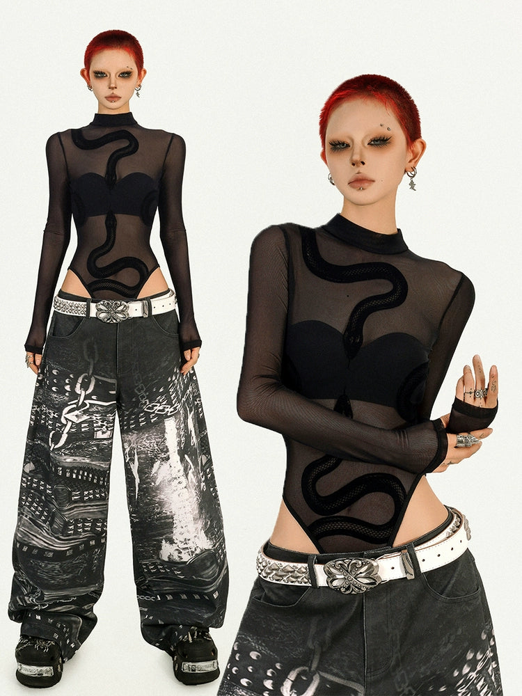 Unleash your futuristic allure with Sanhoostudio’s Cyberpunk Sheer Mesh Bodysuit. Designed with see-through black fabric and a slim fit silhouette, it delivers bold confidence and edgy street charm for modern girls.