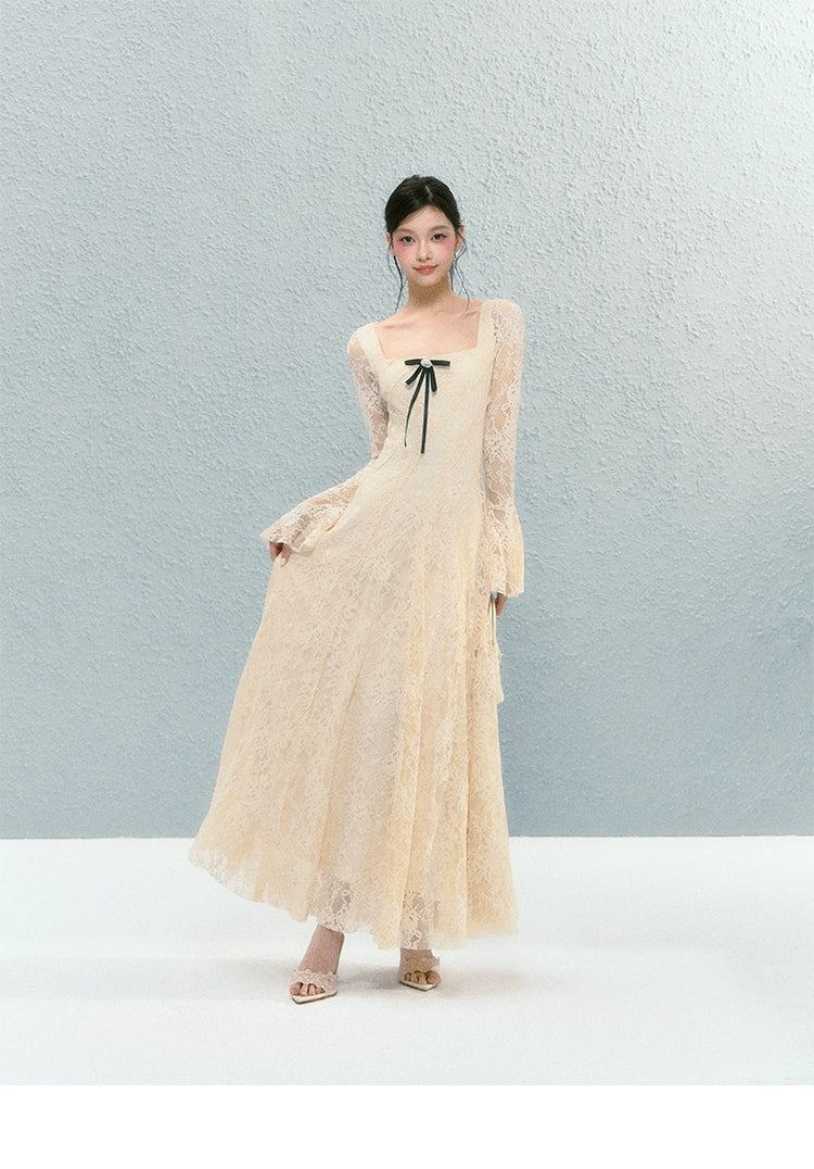 Sanhoostudio presents the Lace Bow Long Sleeve Dress, a charming piece with lace and bow accents, perfect for birthdays and autumn gatherings.