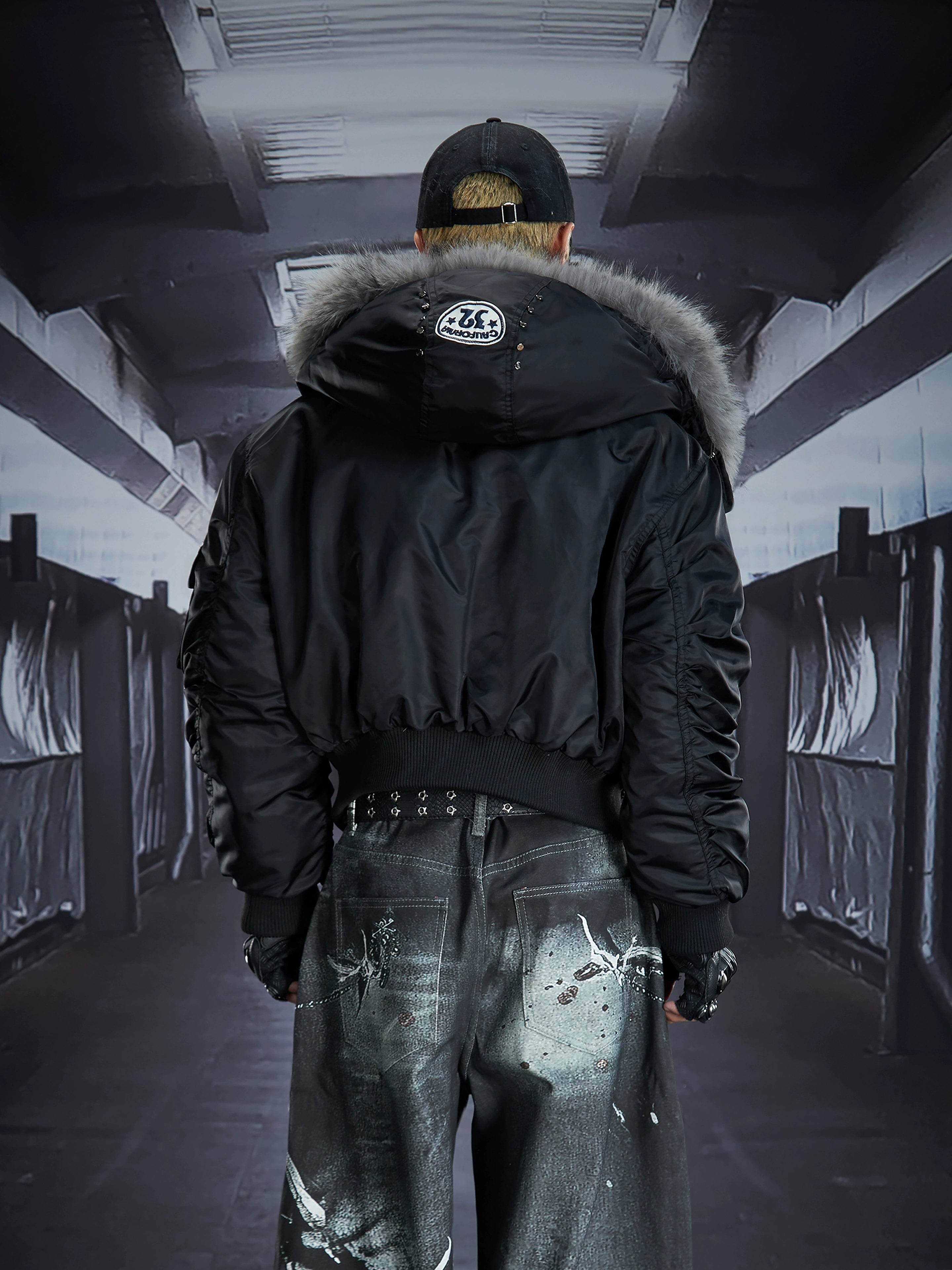 Detachable Fur-Collar Studded Hooded Fleece Puffer Jacket