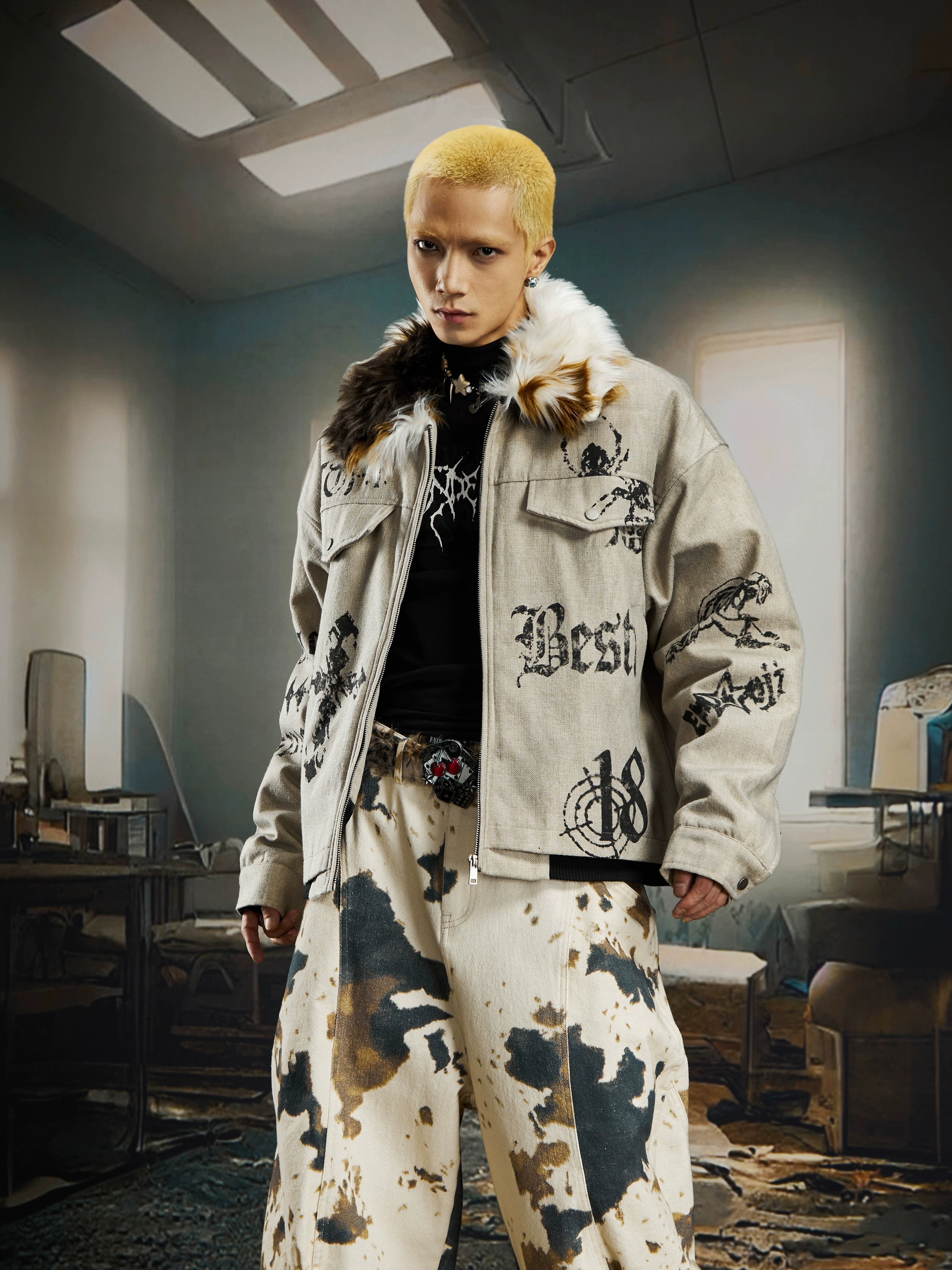 Gothic Print Fur-Collar Padded Punk Jacket