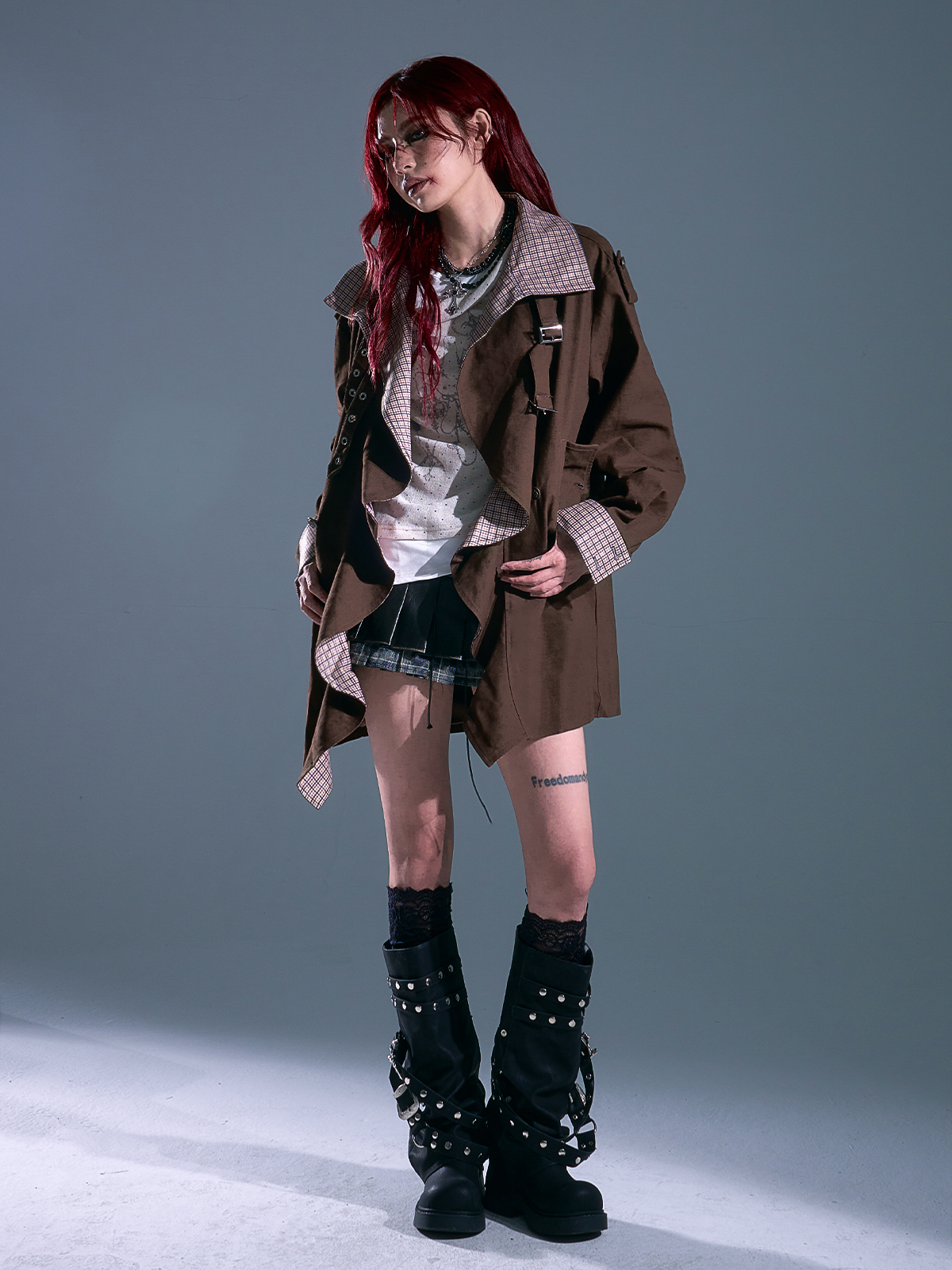 Vintage Plaid Contrast Lapel Long Coat