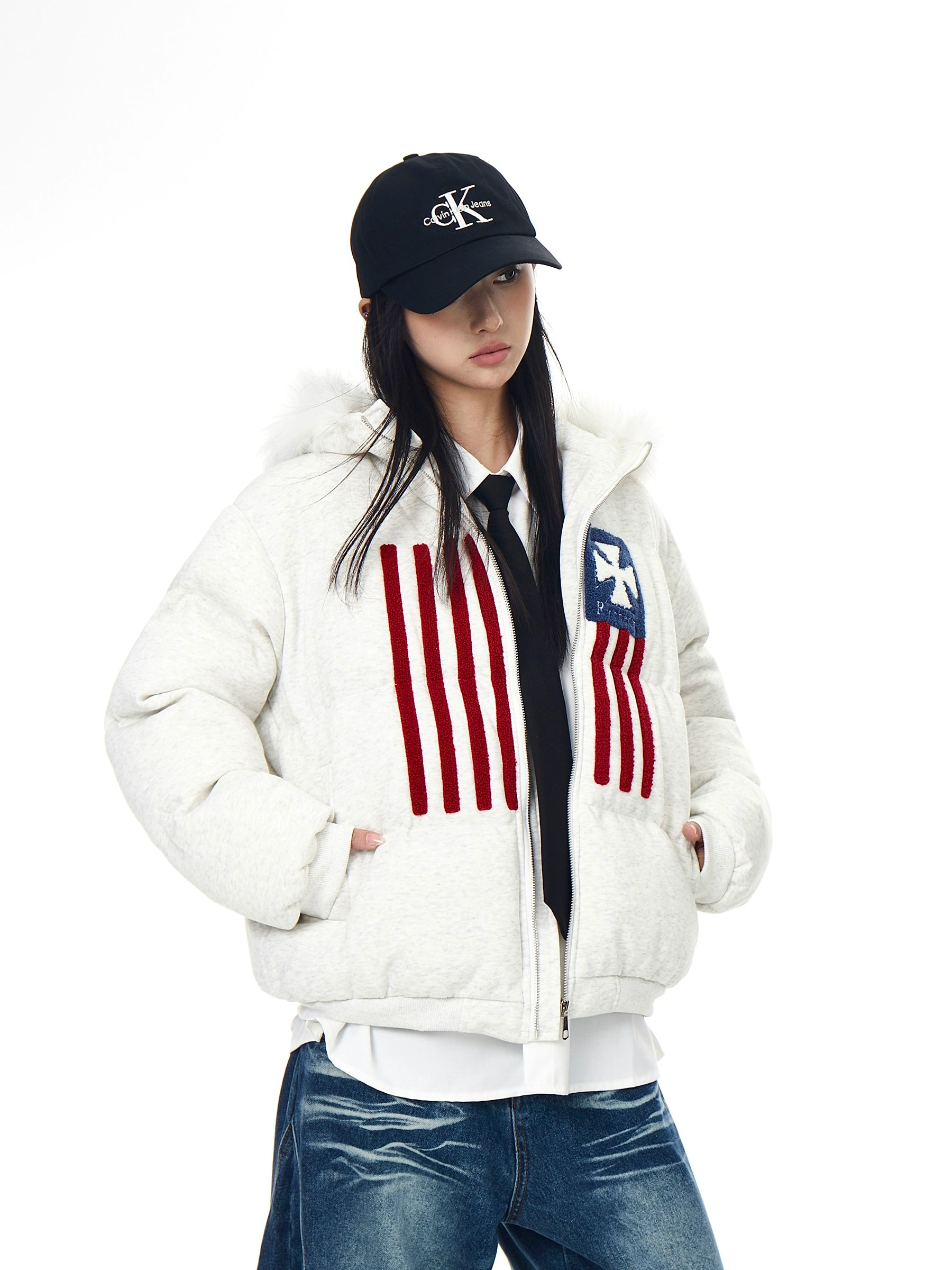 Flag Embroidered Fur-Hood Padded Puff Jacket