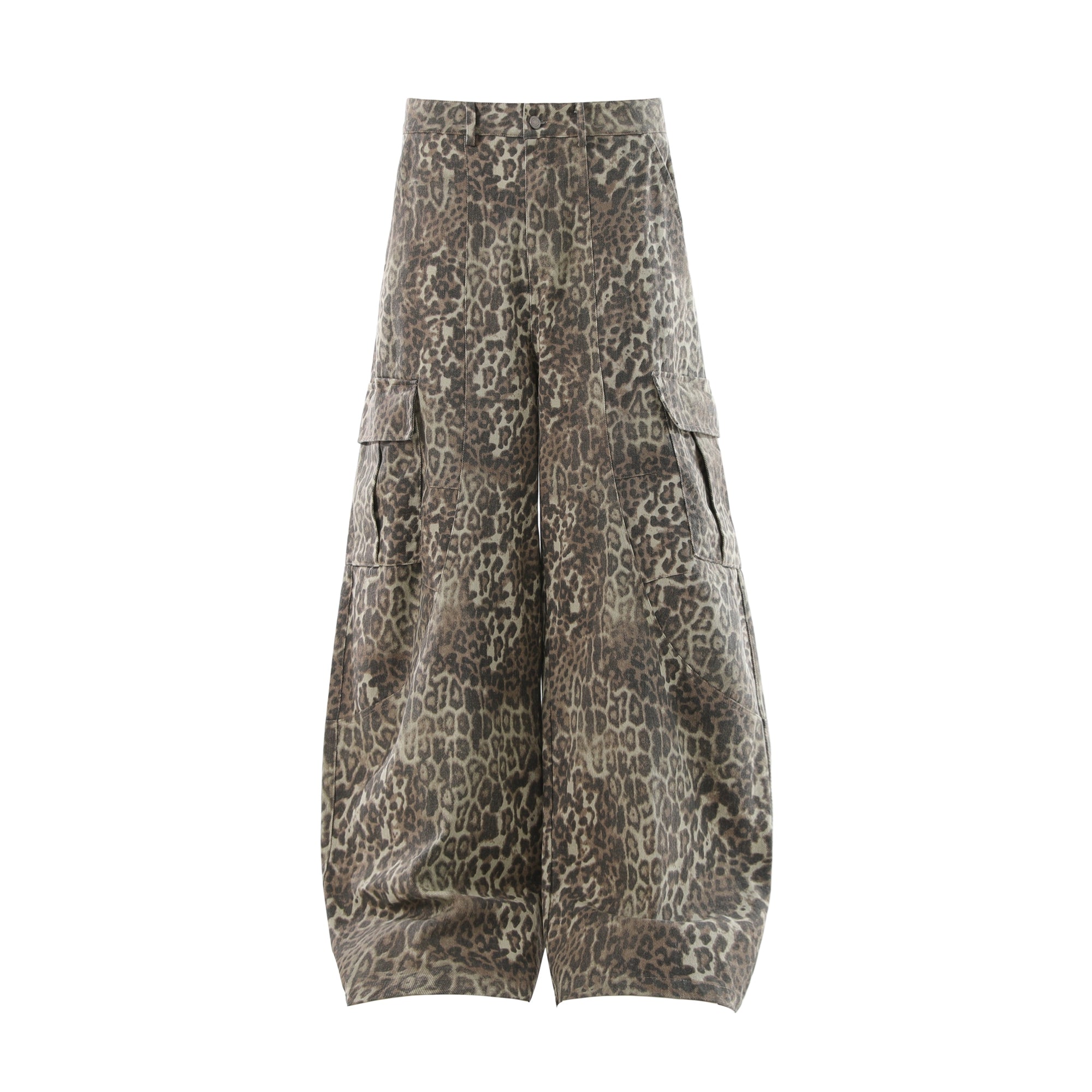 Leopard Multi-Pocket Cargo Denim Wide-Leg Pants