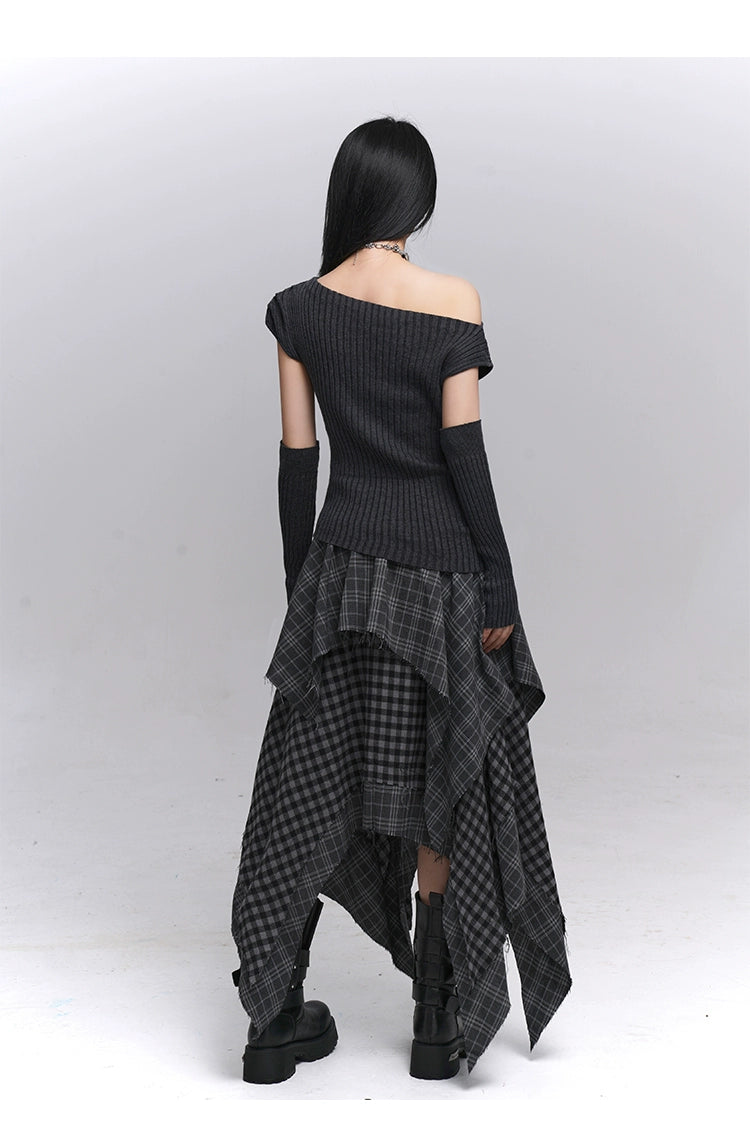 Gray One-Shoulder Knit Sweater