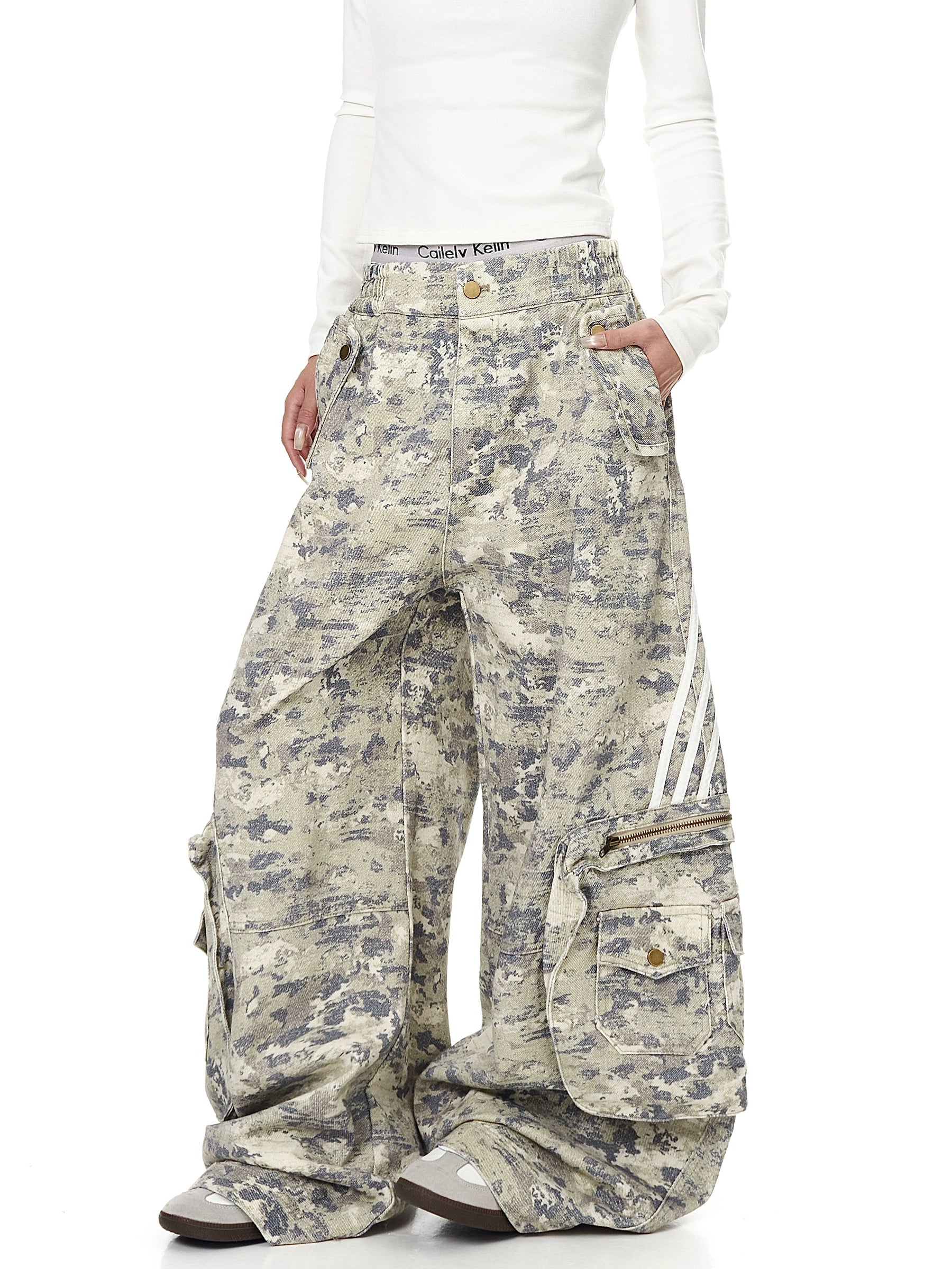 Vintage Striped Multi-Pocket Camo Cargo Pants