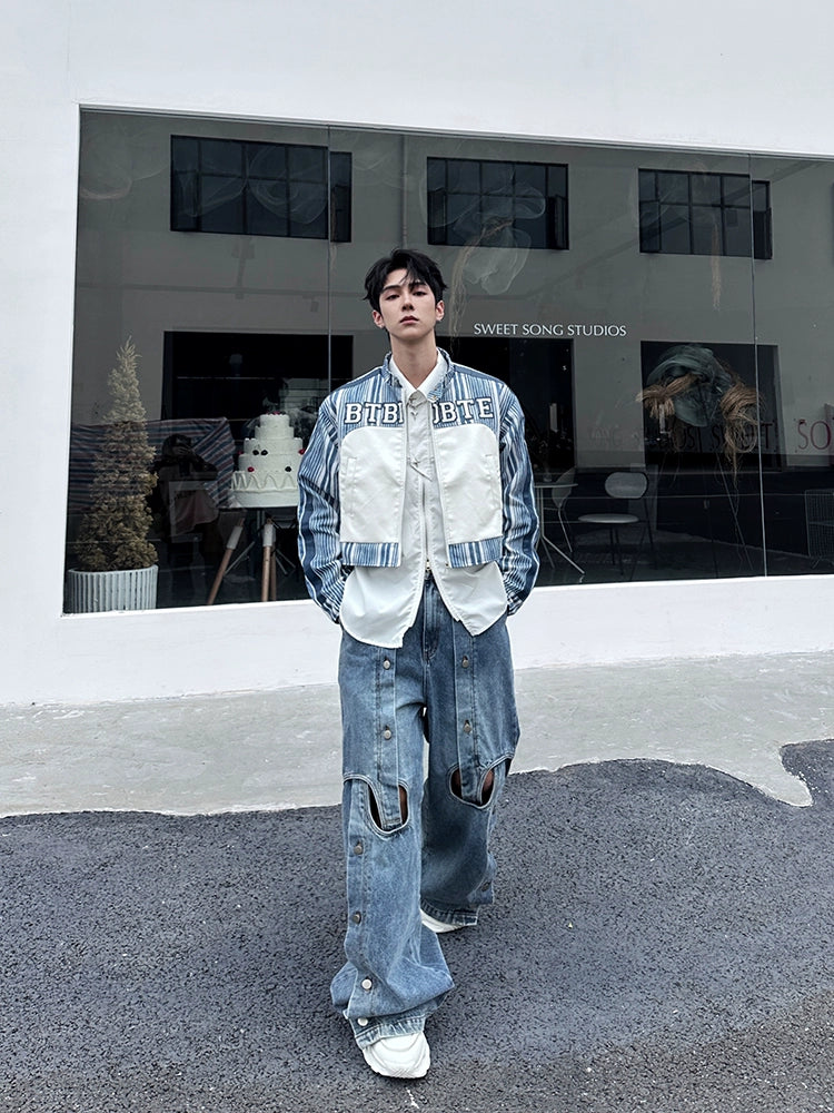 Button Detail Straight-Leg Ripped Wide-Leg Pants