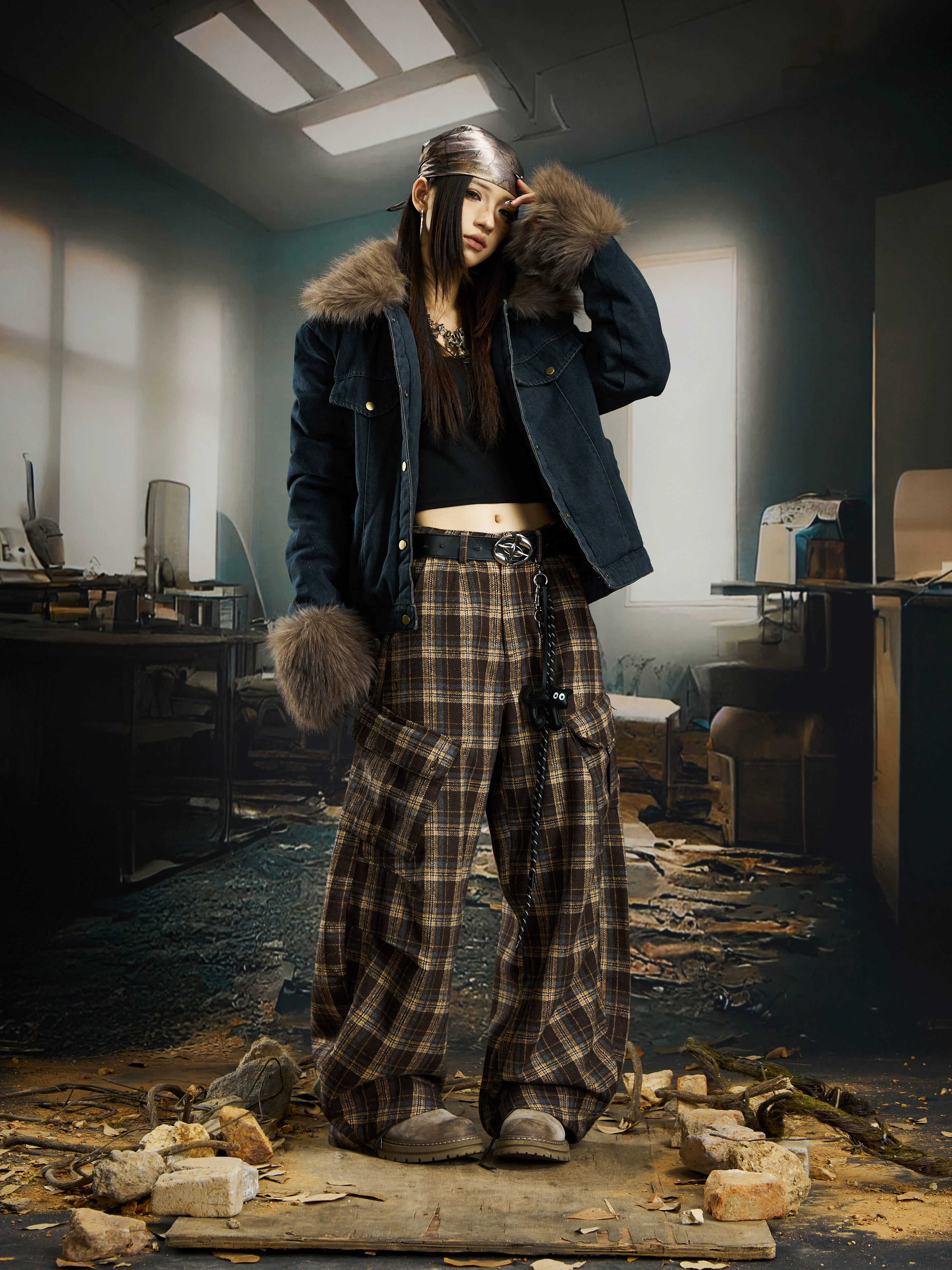 Short Denim Puffer Jacket with Fur Collar