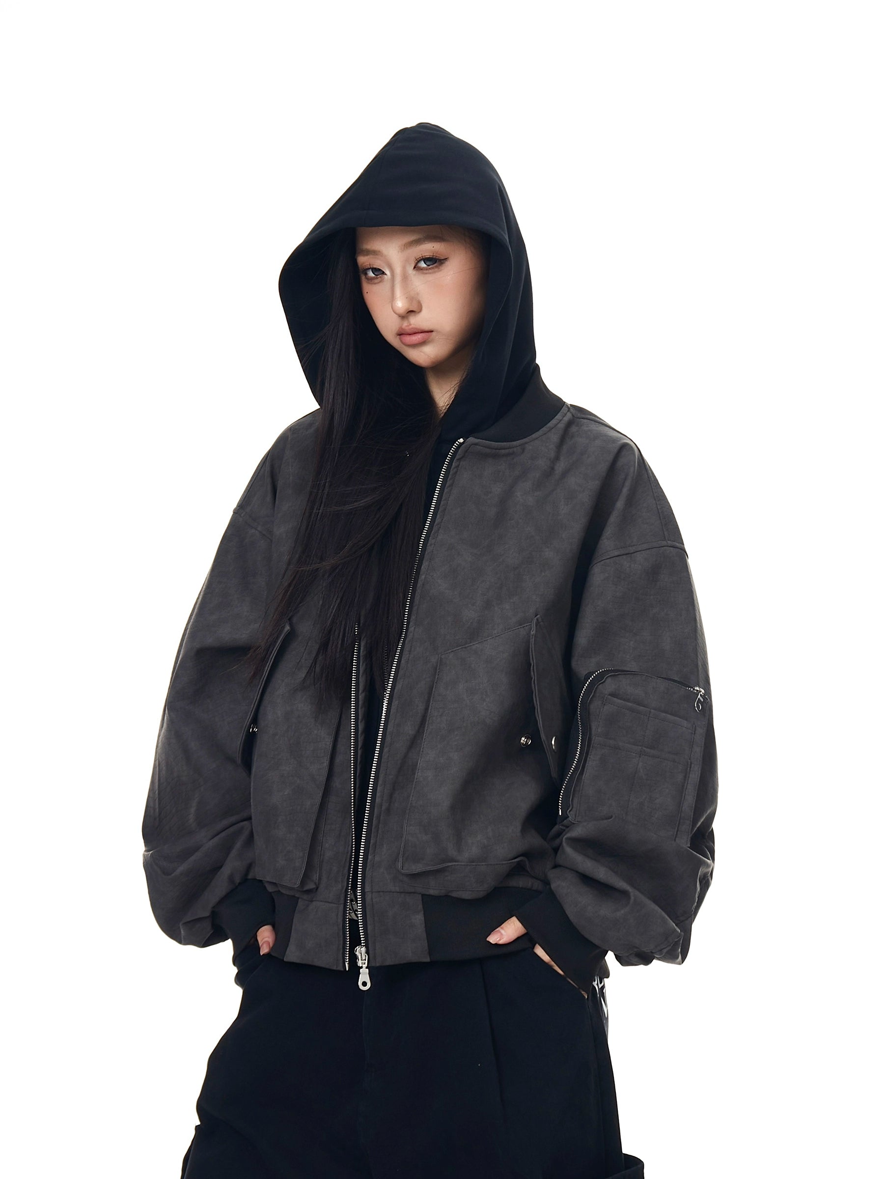 Multi-Pocket Layered Leather Bomber Jacket