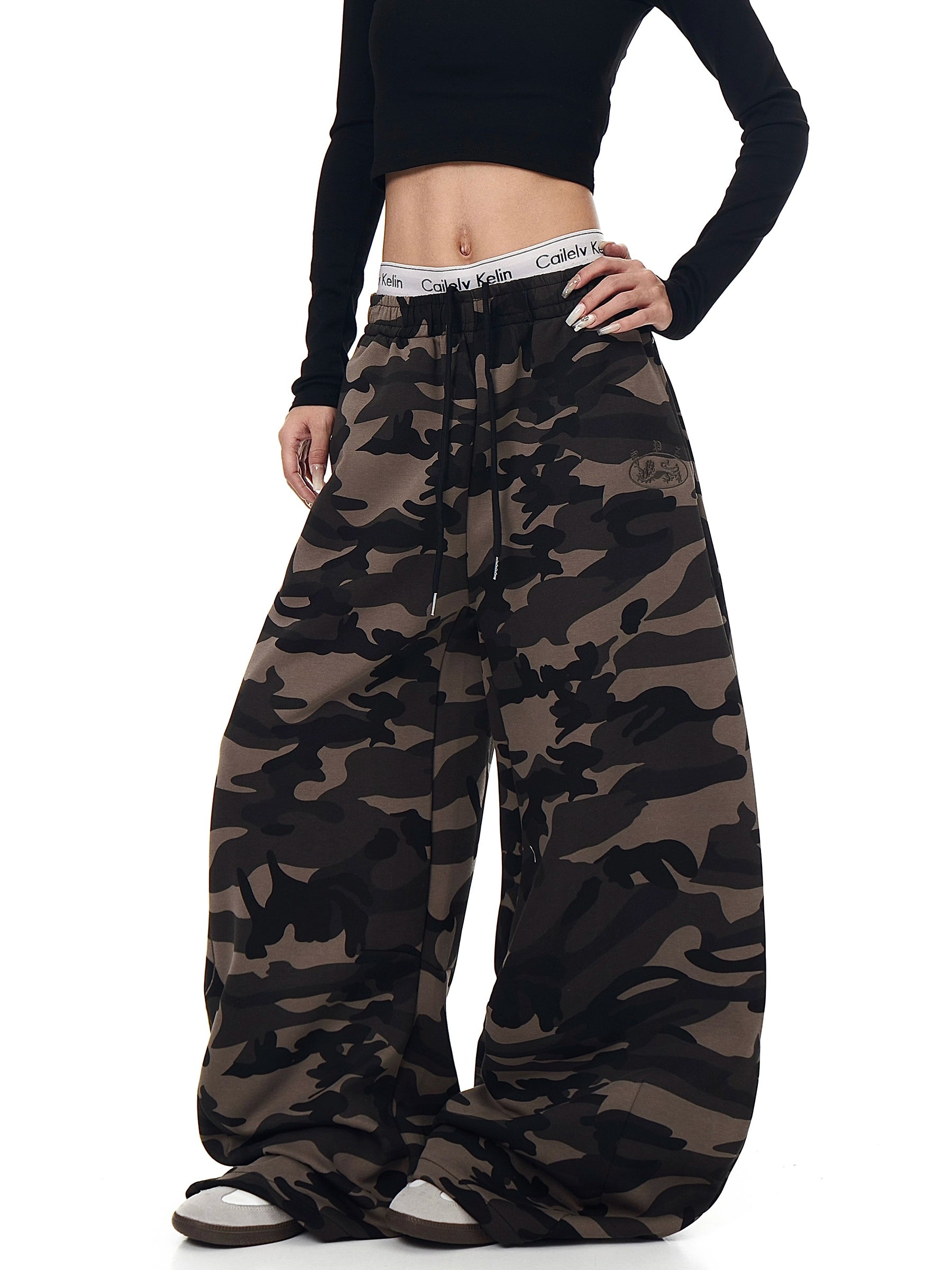 Letter Embroidered Camo Curved Sweatpants