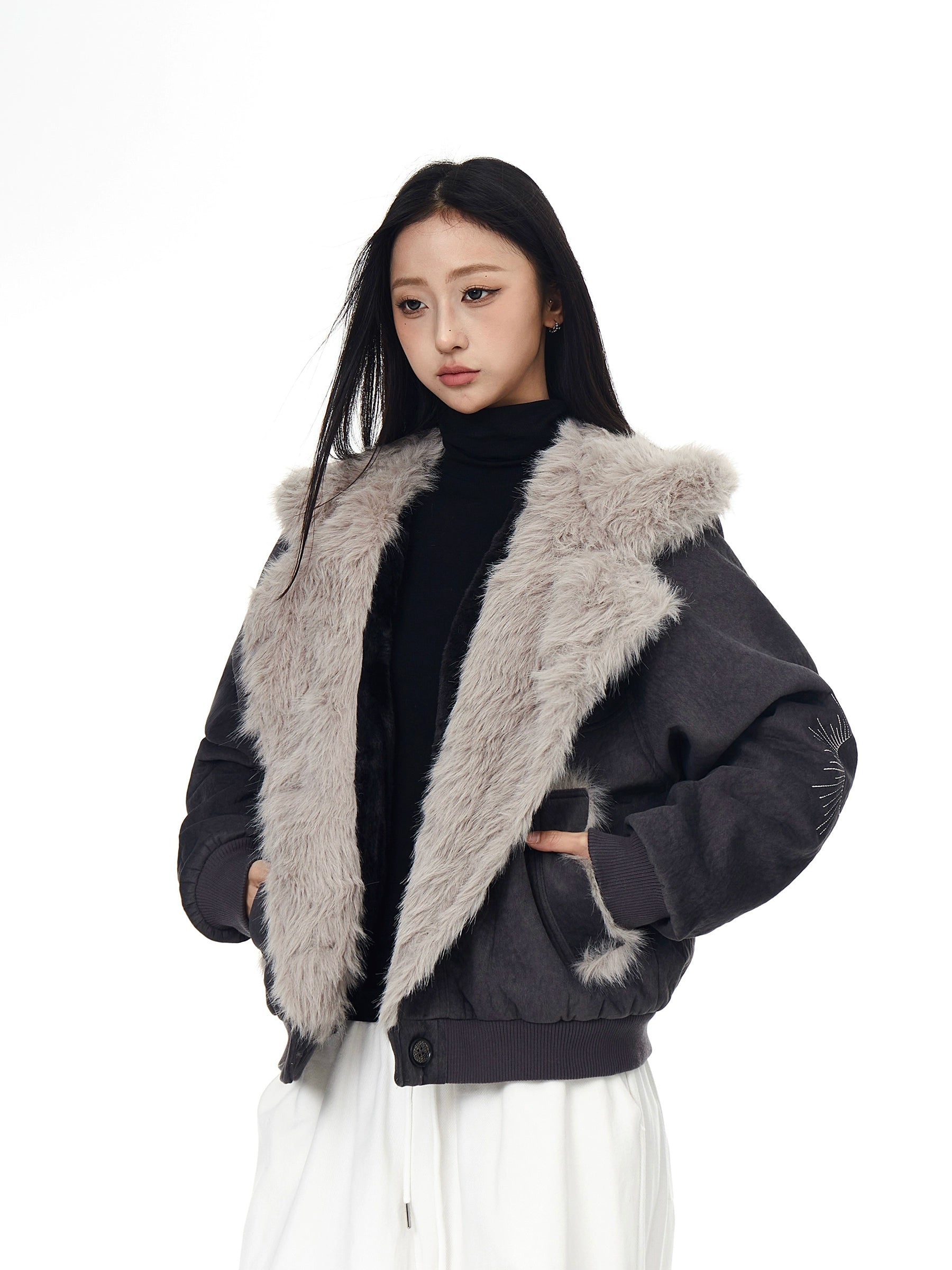 Wolf-Fur Spliced Mountain Hawk Hooded Coat