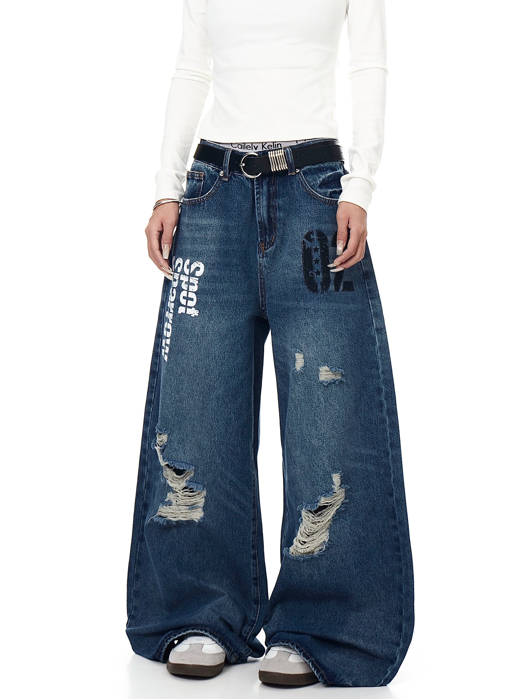 Distressed Letter Print Ripped Flare Denim Jeans