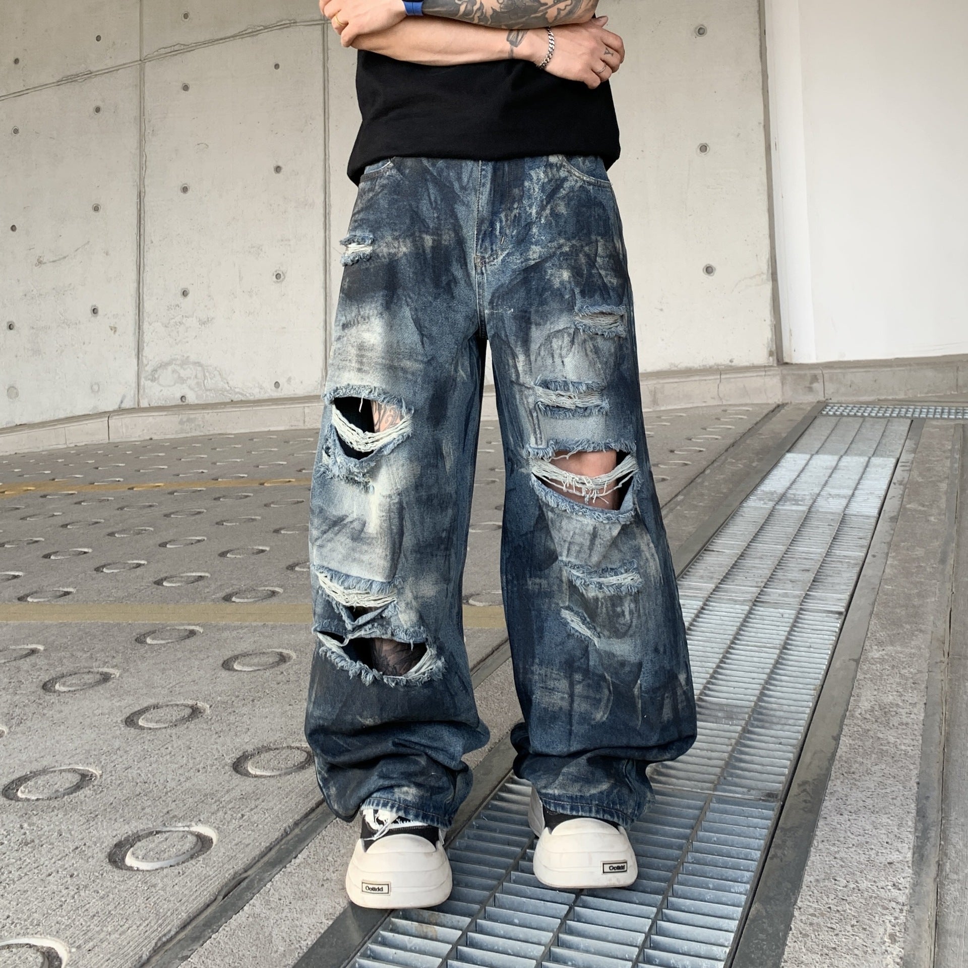 Loose Washed Ripped Bootcut Jeans