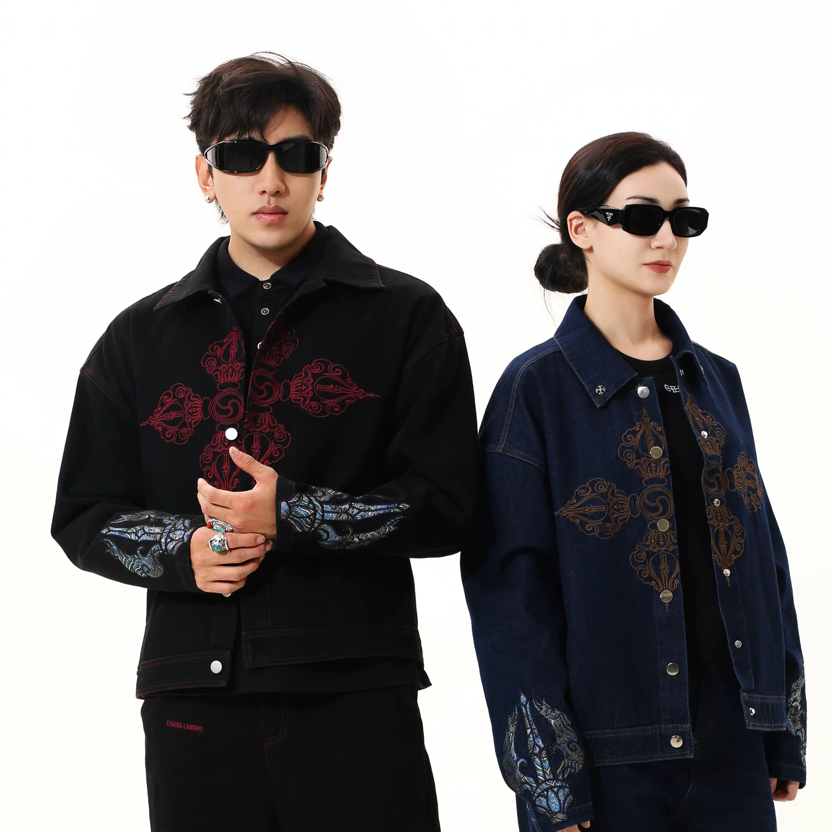 Sanhoostudio denim jacket featuring Vajra embroidery and a relaxed streetwear silhouette. Designed for unisex wear with durable denim fabric for fall styling.