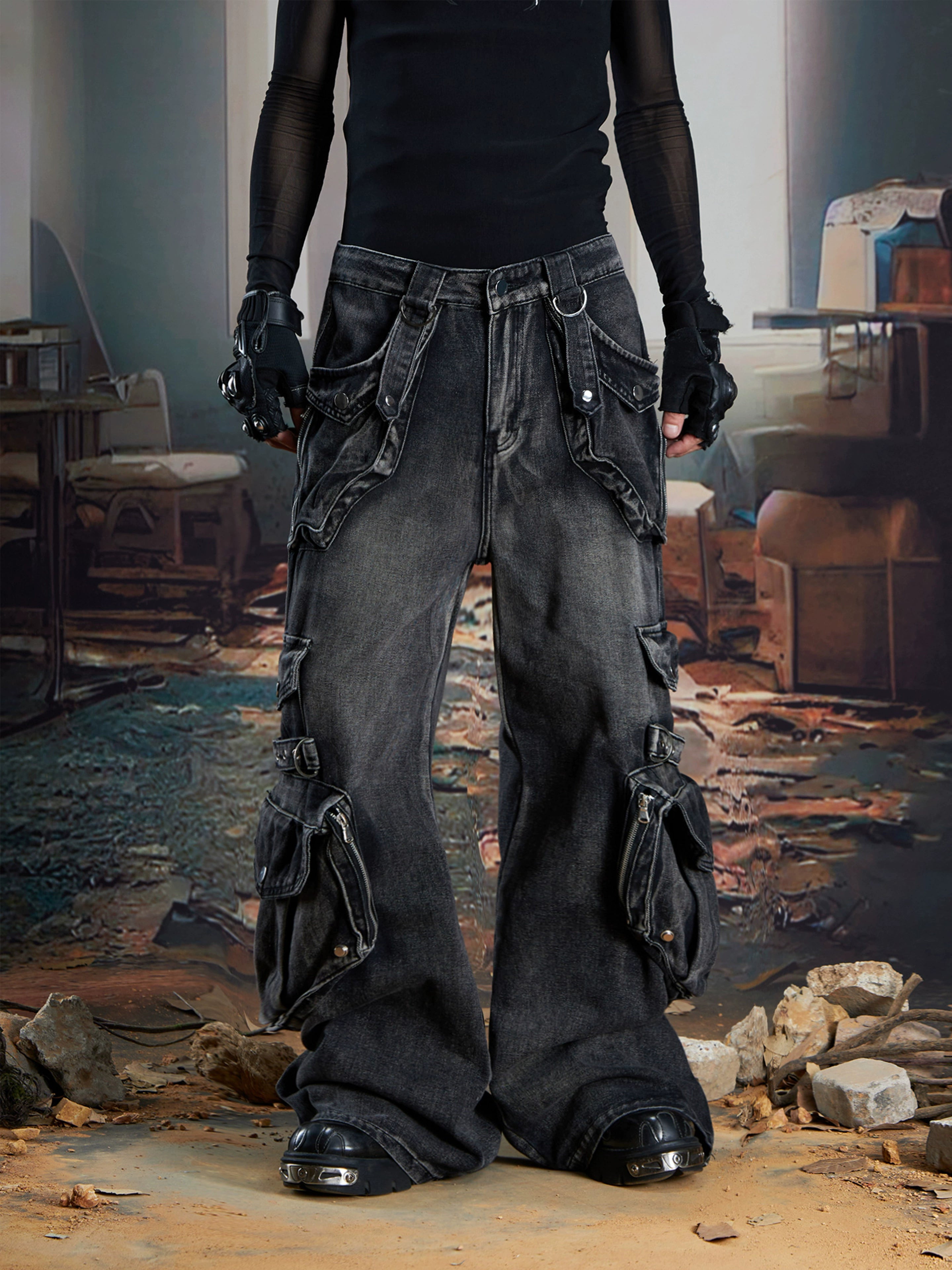 3D Utility Multi-Pocket Washed Deconstructed Cargo Jeans