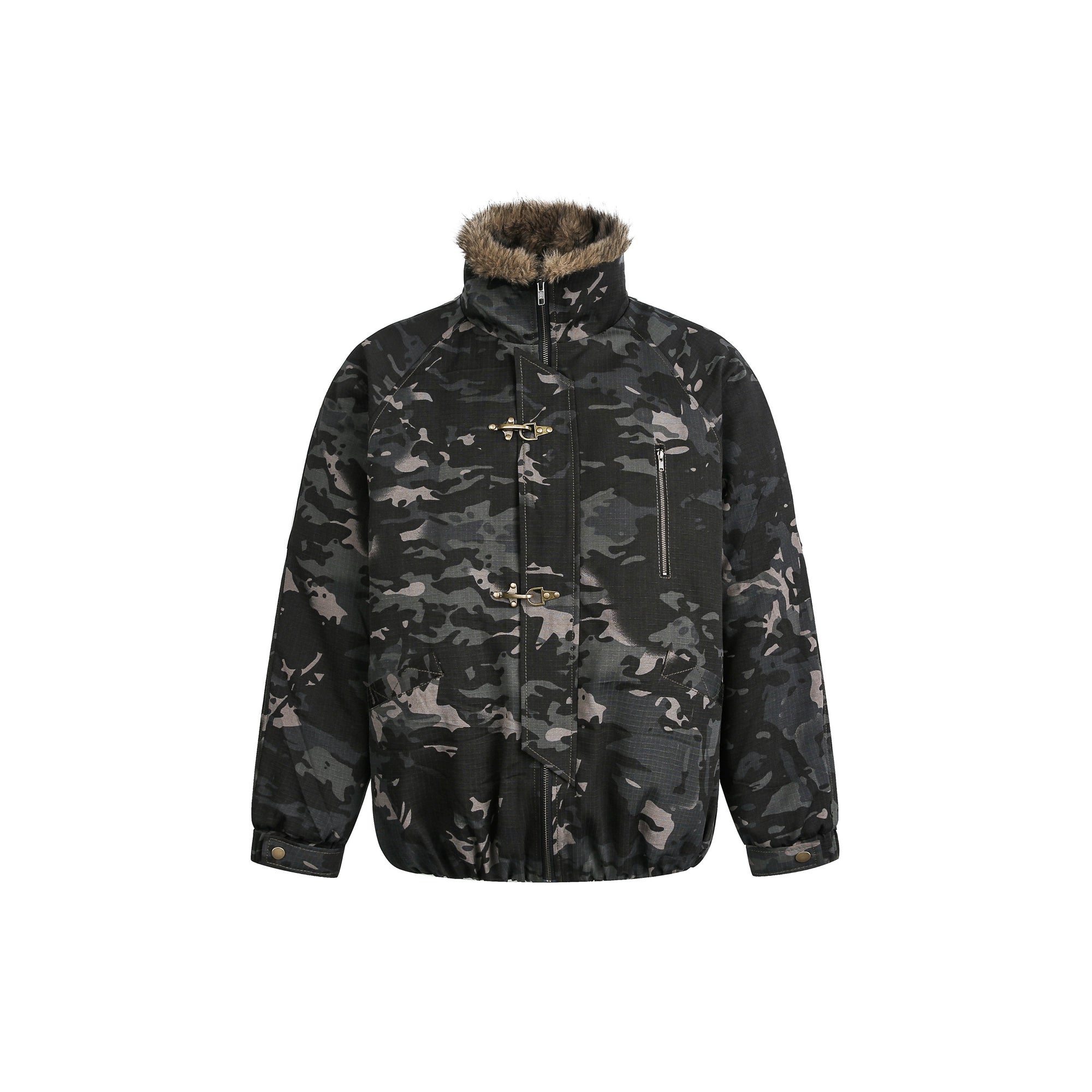 Camouflage Hawk Fur-Collar Buckle Puffer Jacket