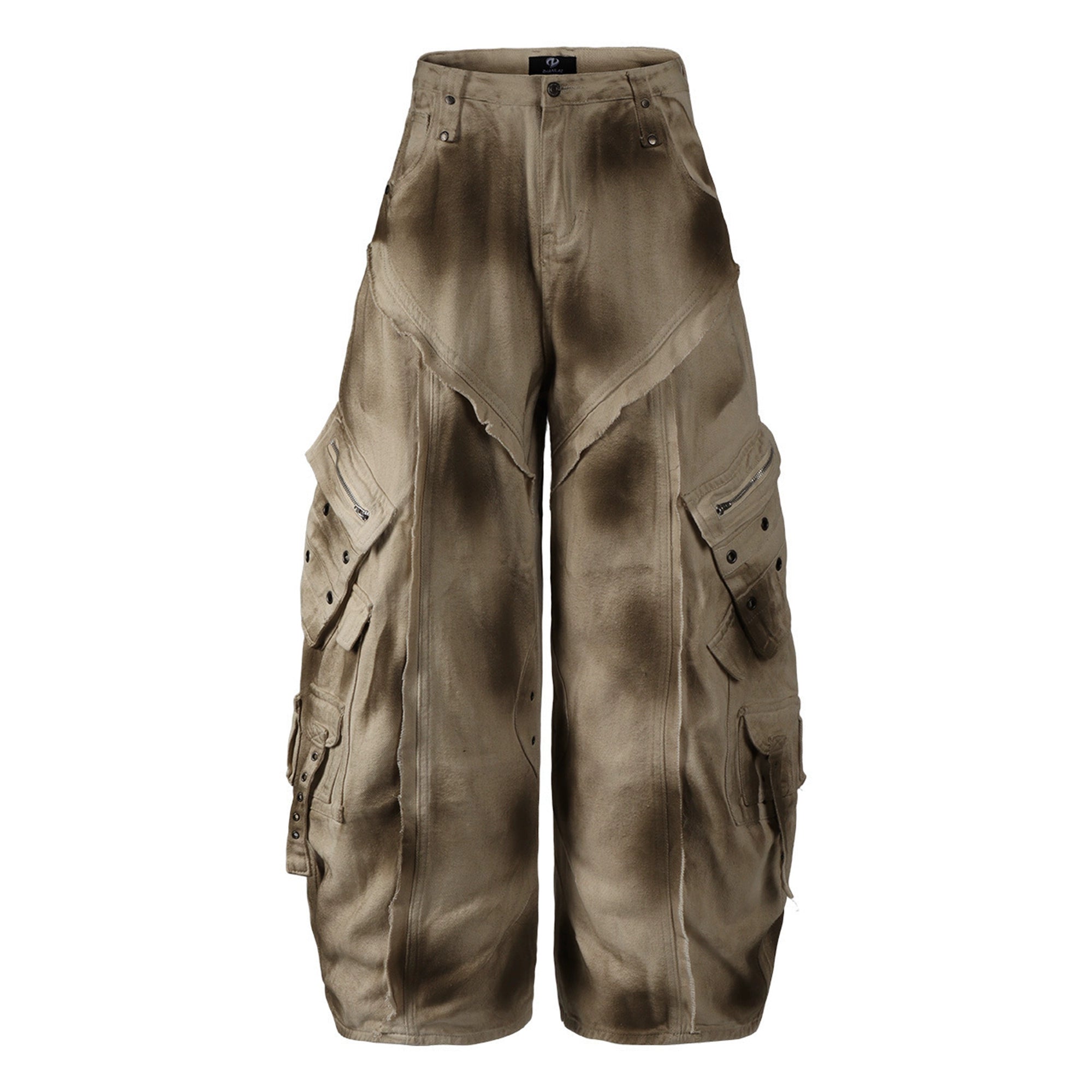 Sanhoostudio’s distressed dirty wash cargo pants combine high street aesthetics with a deconstructed wide leg silhouette, perfect for a grunge-inspired wardrobe.