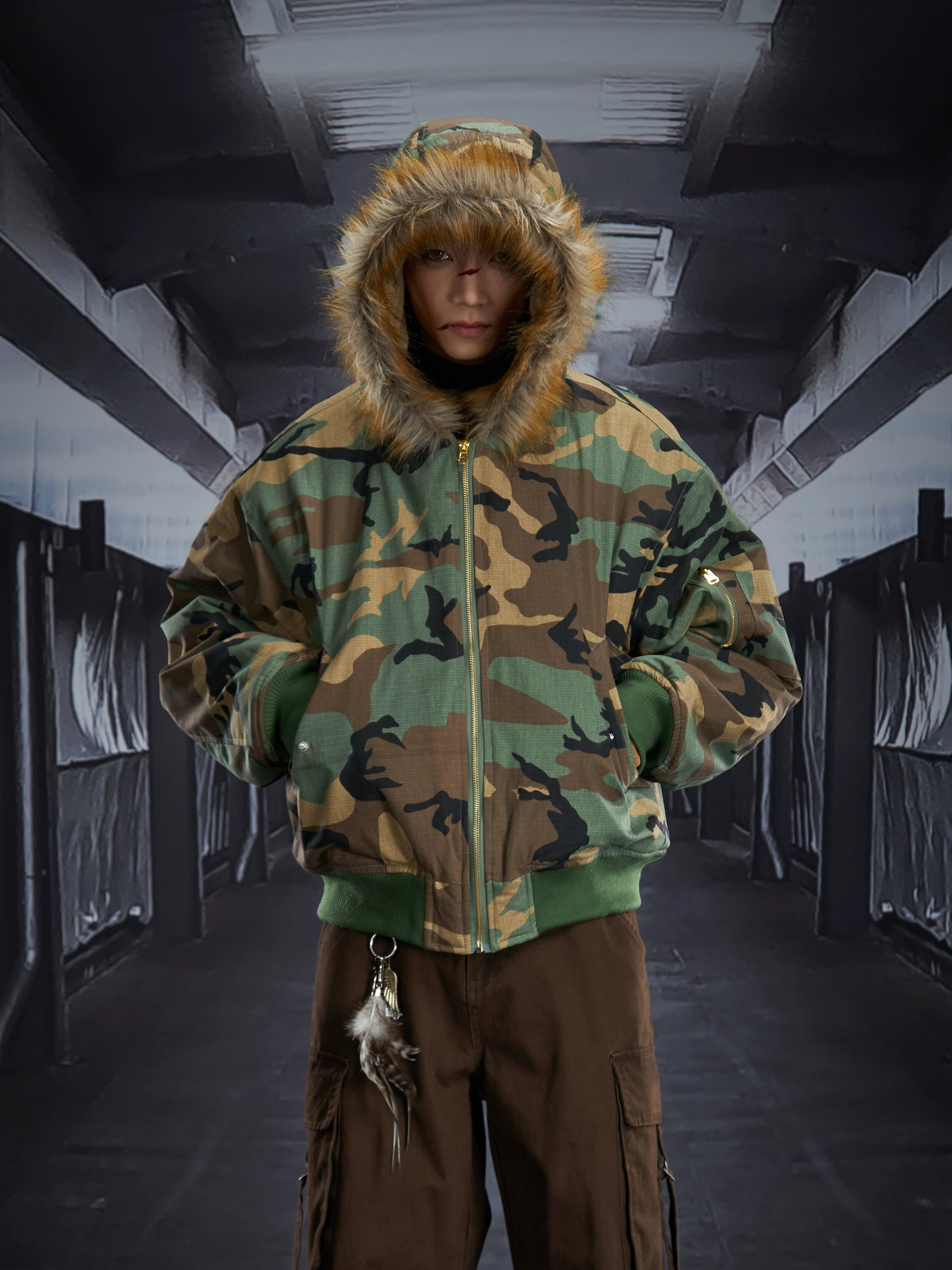 Fuzzy Hooded Camouflage Fleece-Lined Puffer Jacket