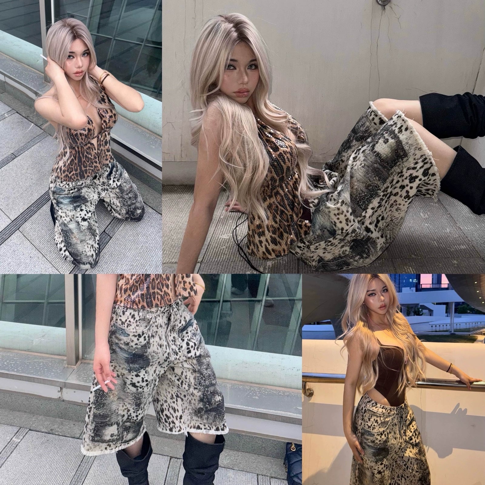 【25s Sep.】White Leopard Print Gem Stud Digital Shorts