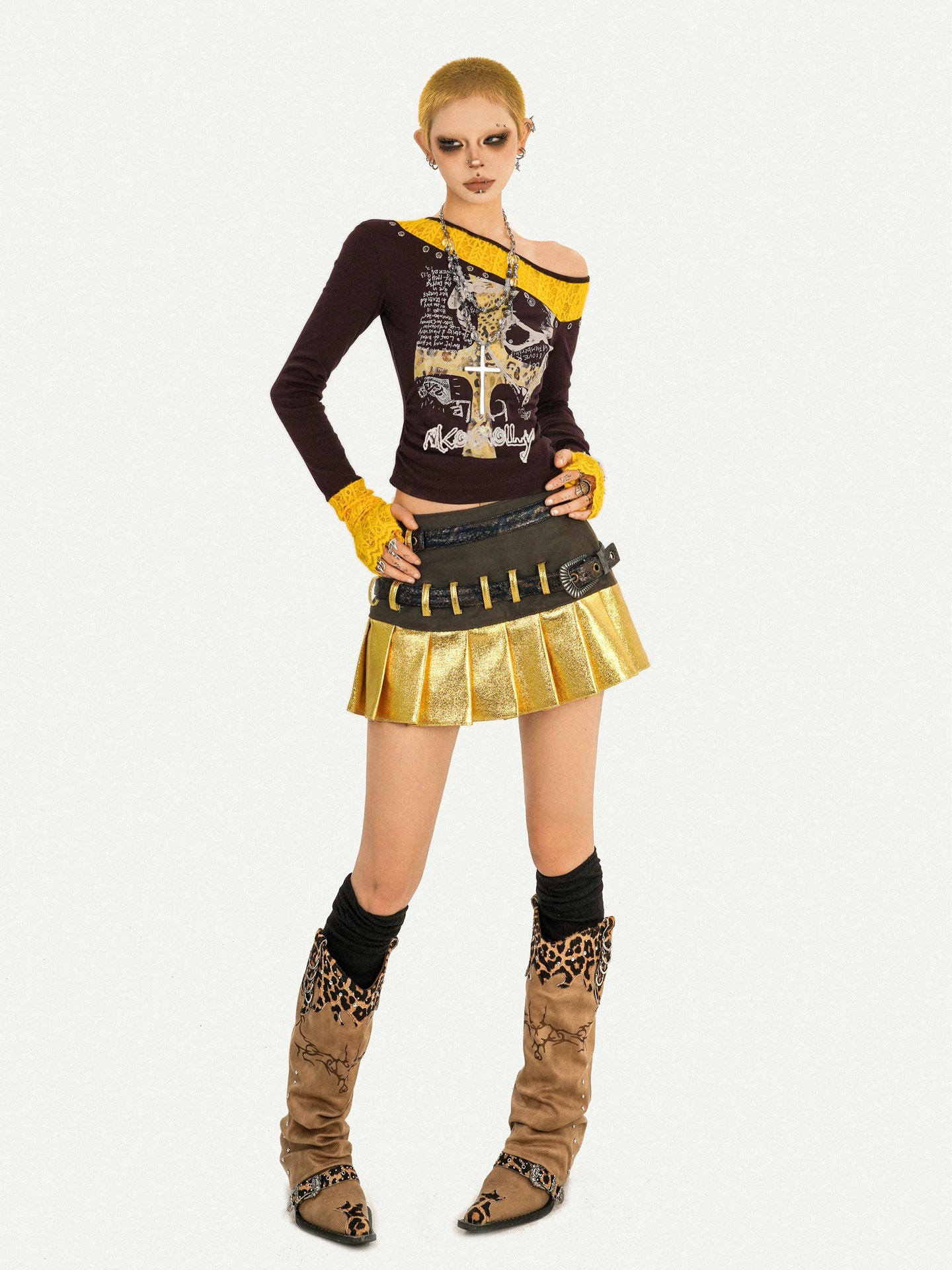 Vintage Lace Patchwork Long-Sleeve Y2K Slim Top Set