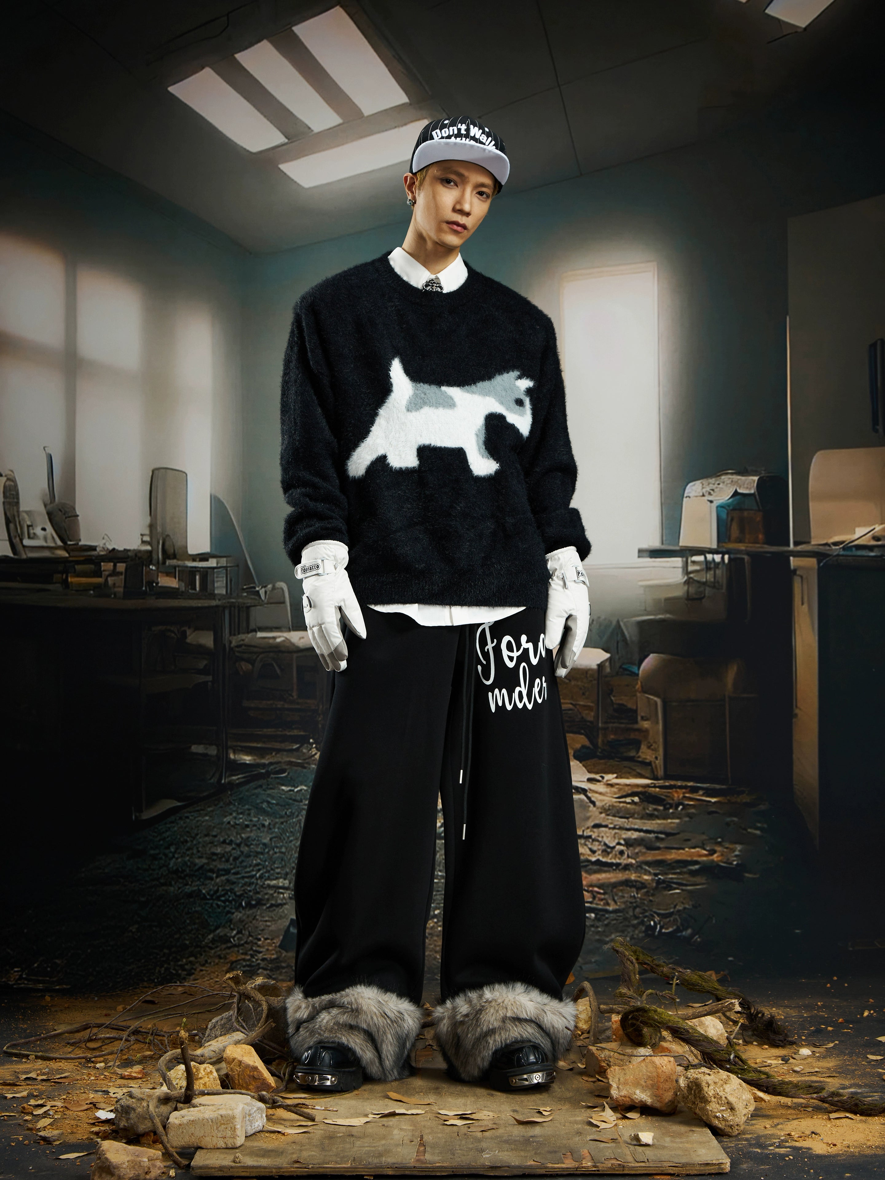 A soft mohair-inspired dog-pattern knit sweater from Sanhoostudio, featuring a relaxed unisex silhouette and warm cozy texture for winter streetwear layering.