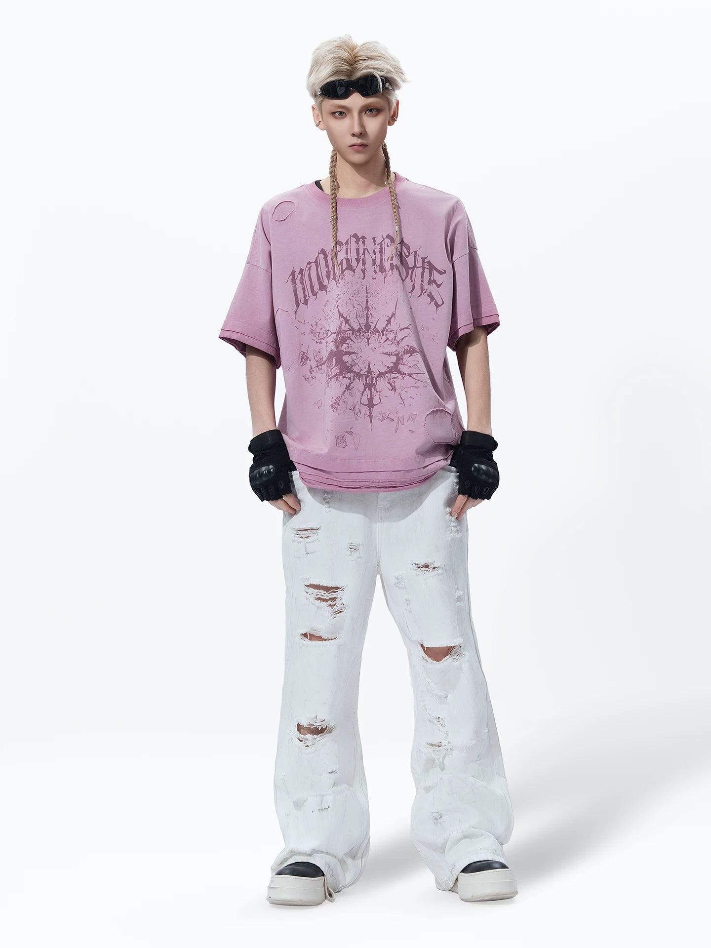 Sanhoostudio Distressed White Wide Denim Pants