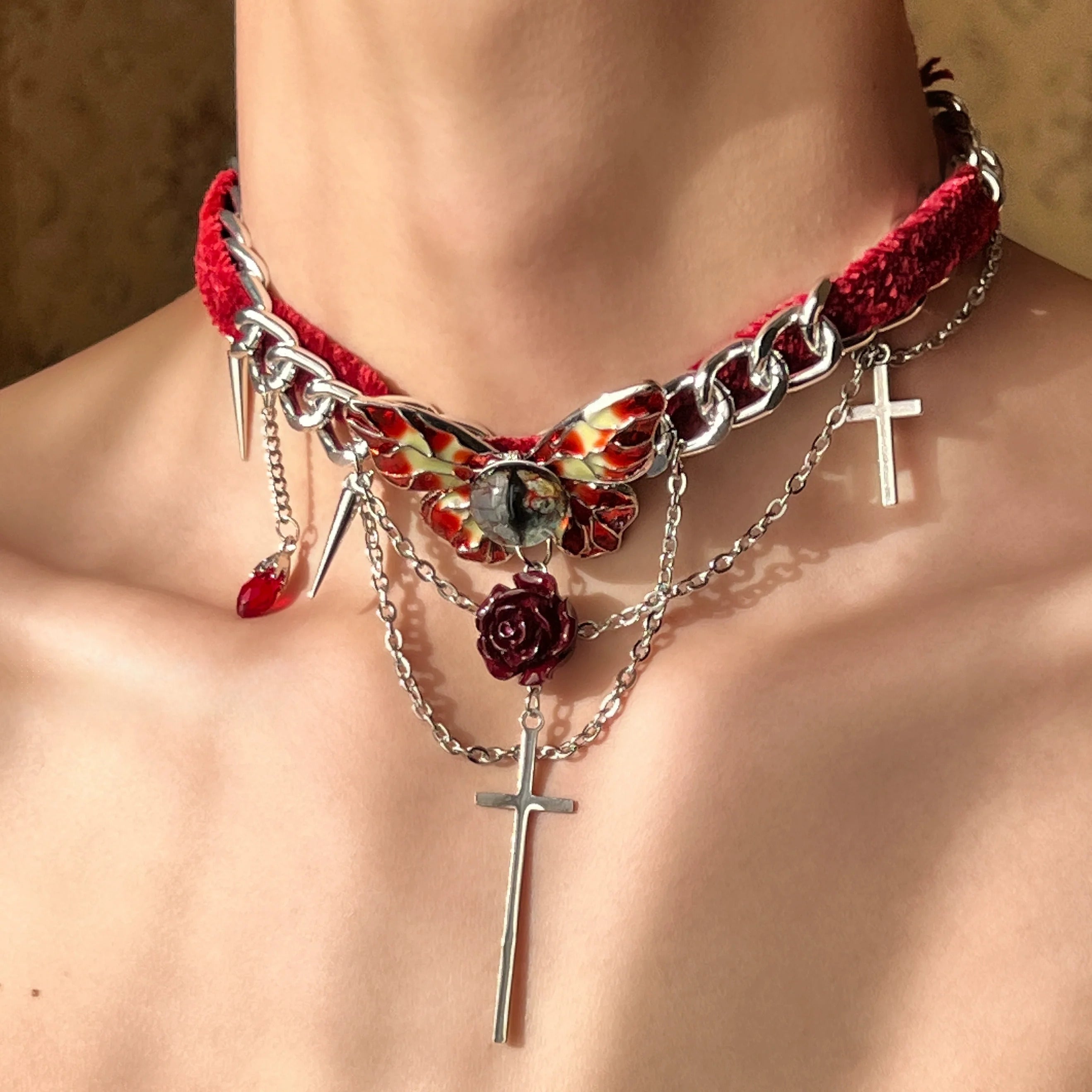 Vintage Red Velvet Butterfly Cross Necklace