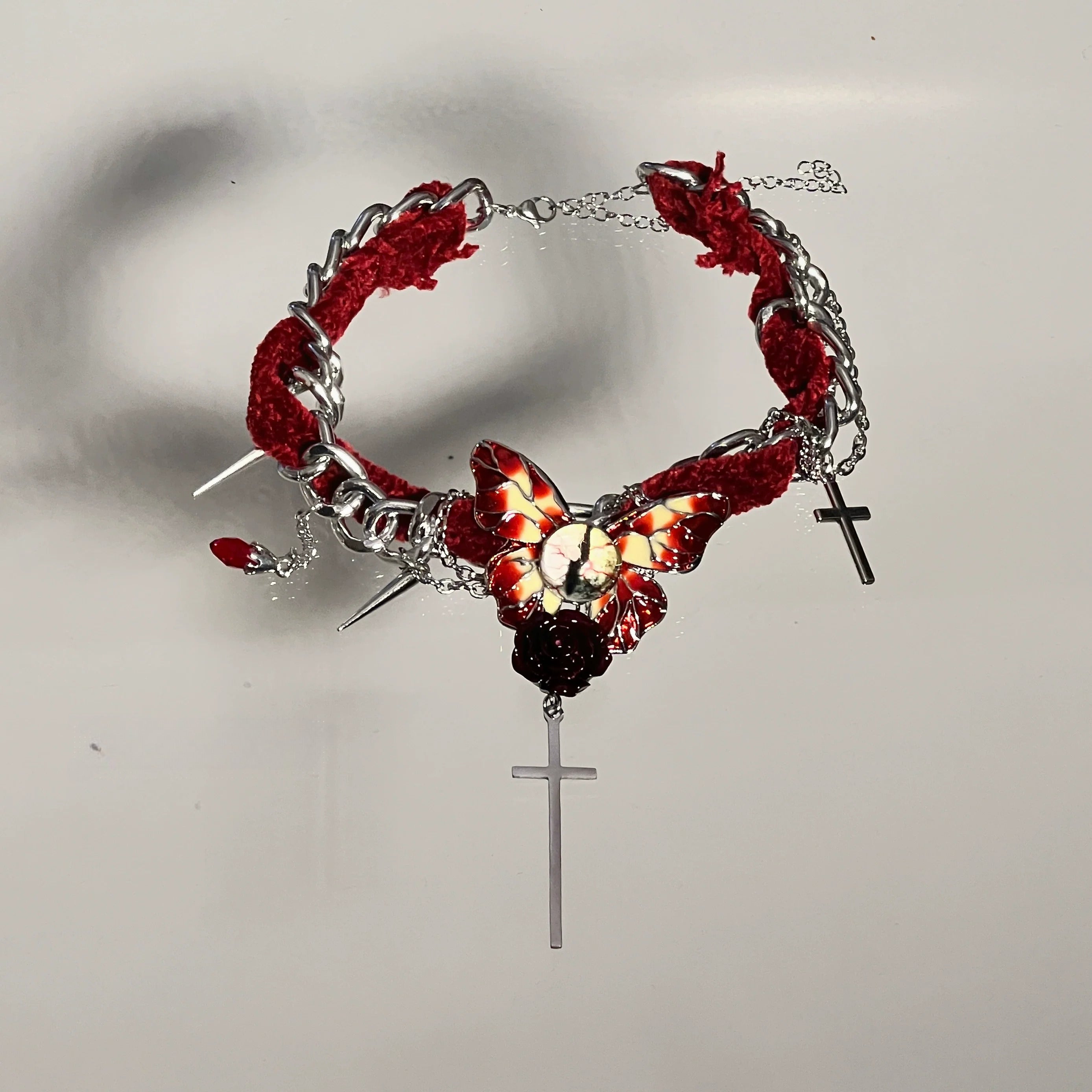 Vintage Red Velvet Butterfly Cross Necklace