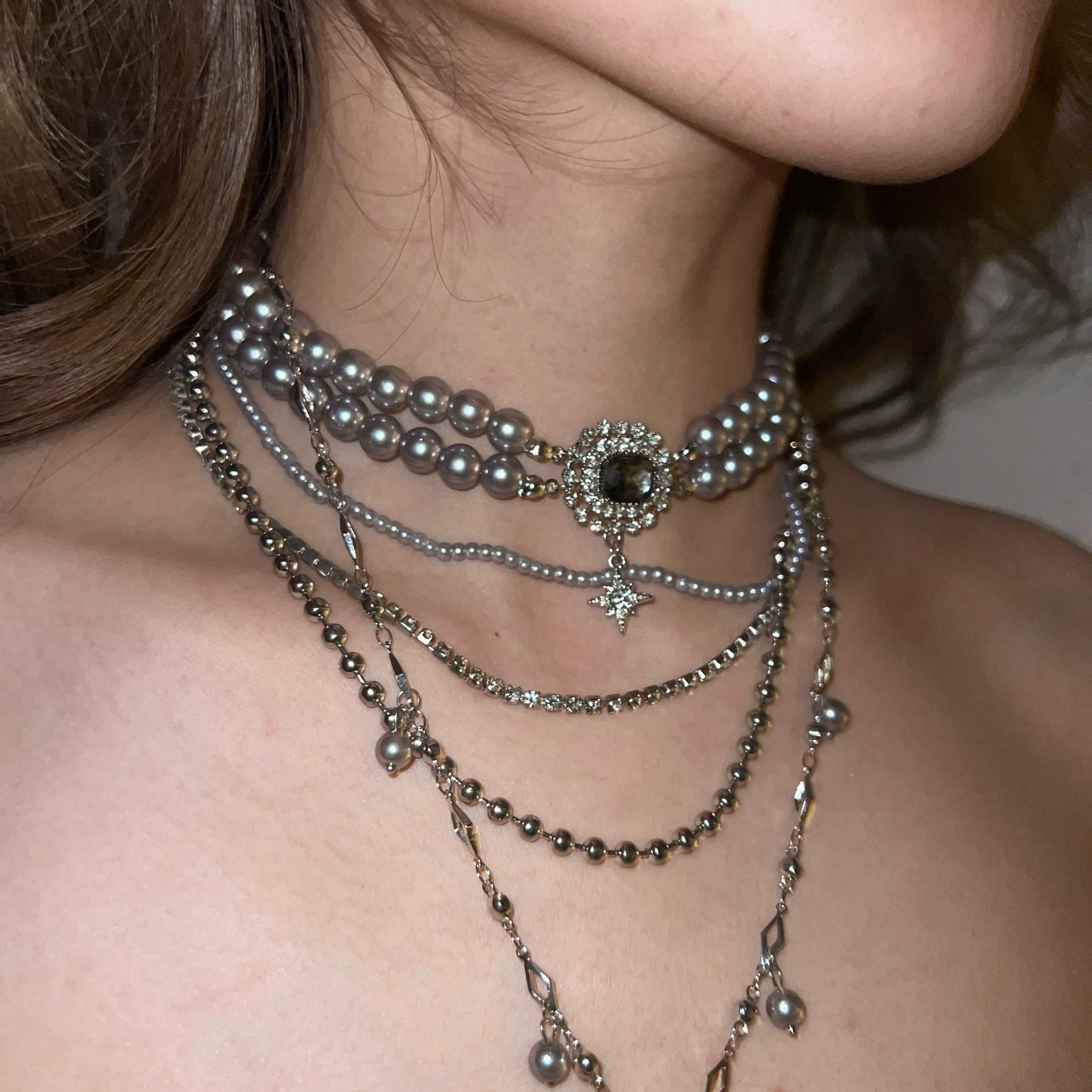 Layered Grey Pearl Gemstone Choker Necklace