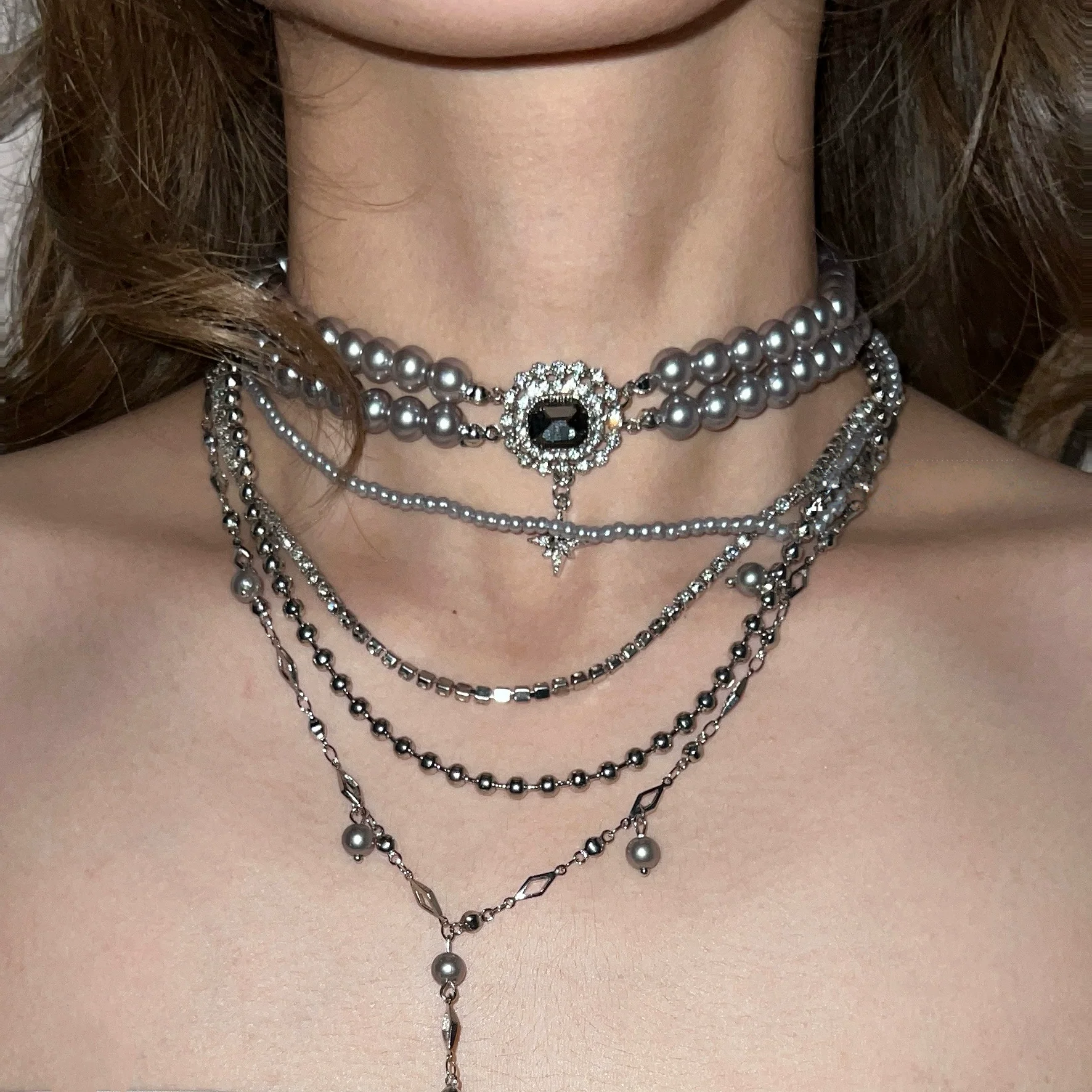 Layered Grey Pearl Gemstone Choker Necklace