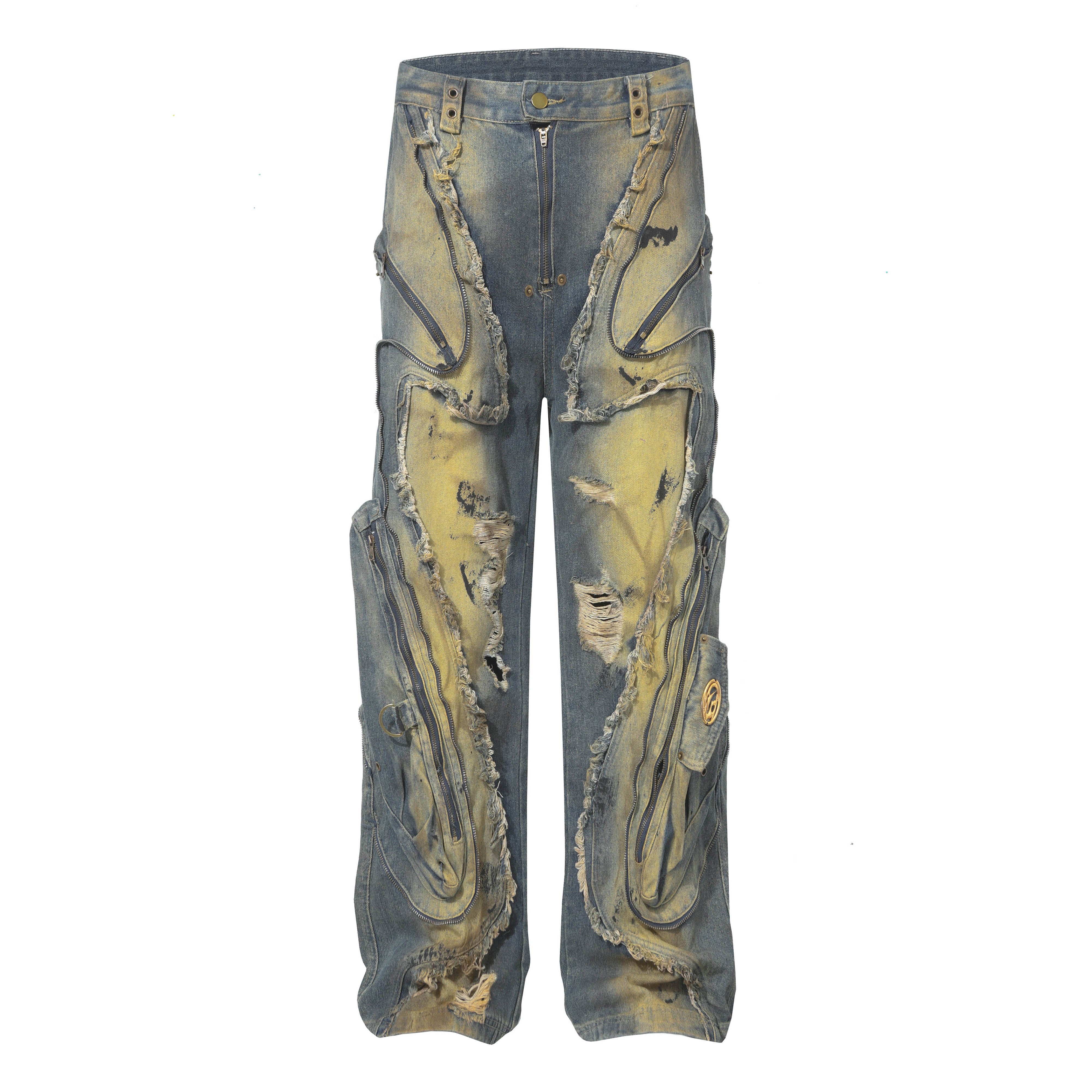 Spliced Distressed Raw Edge Clean-fit Straight Jeans