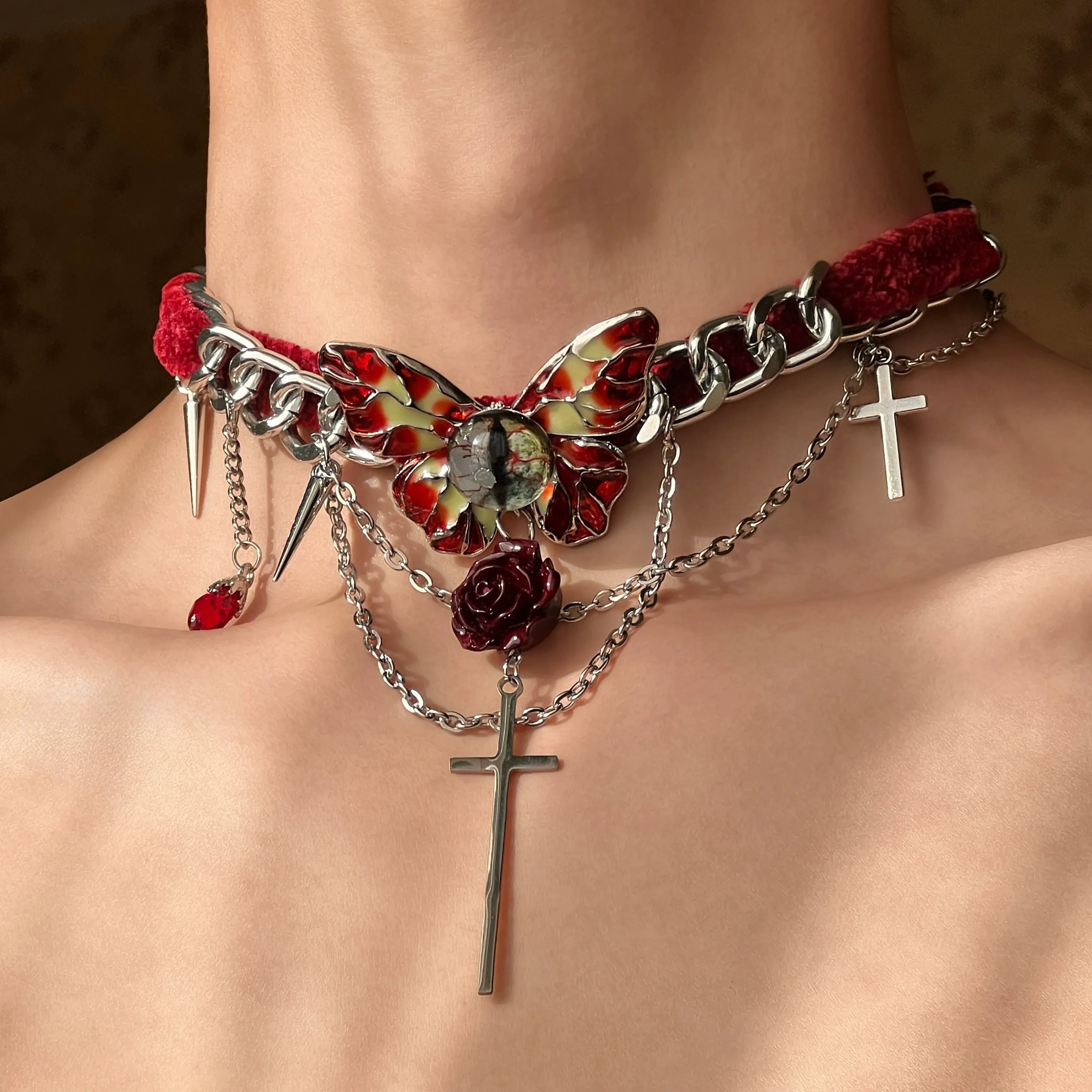 Vintage Red Velvet Butterfly Cross Necklace