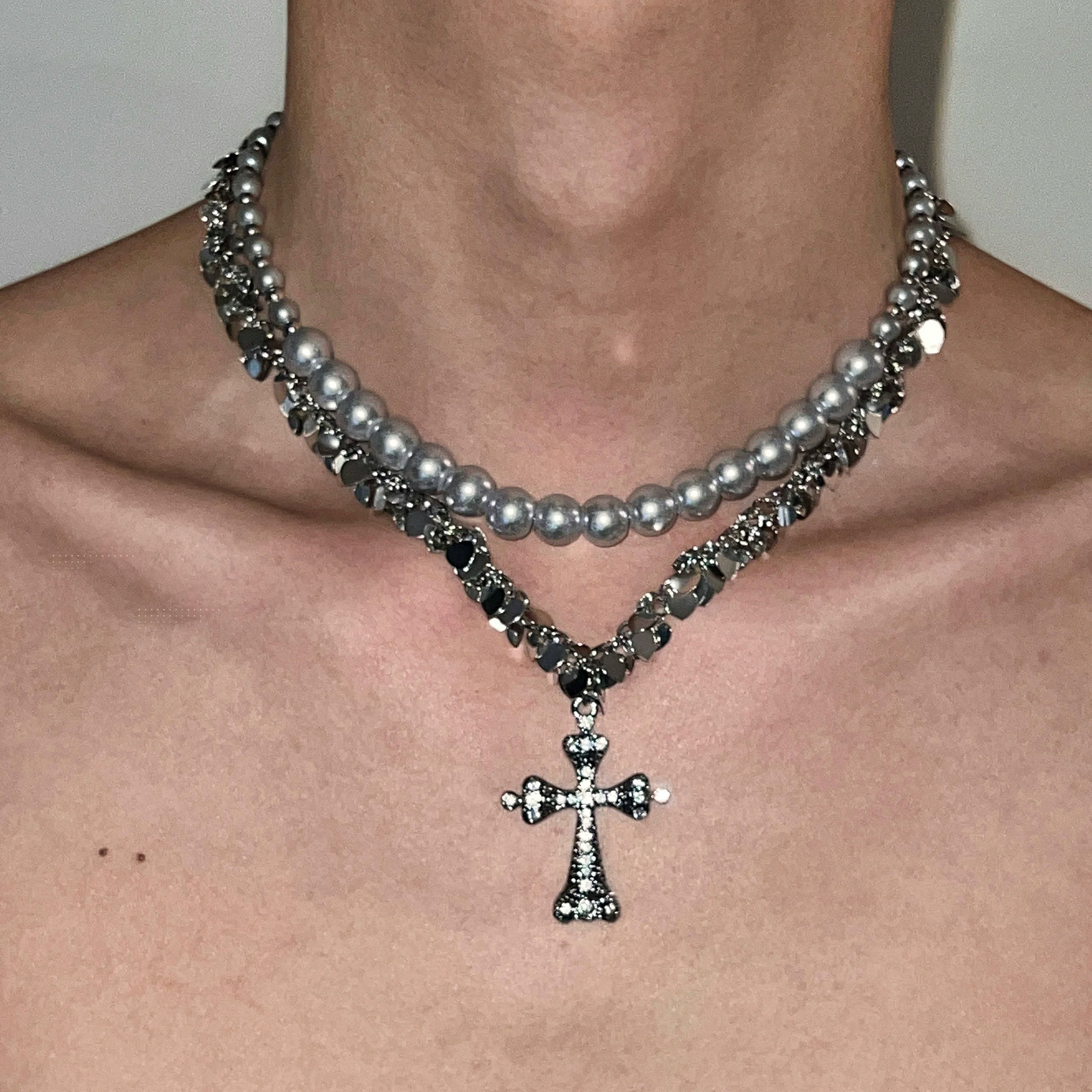 Layered Pearl Silver Cross Necklace
