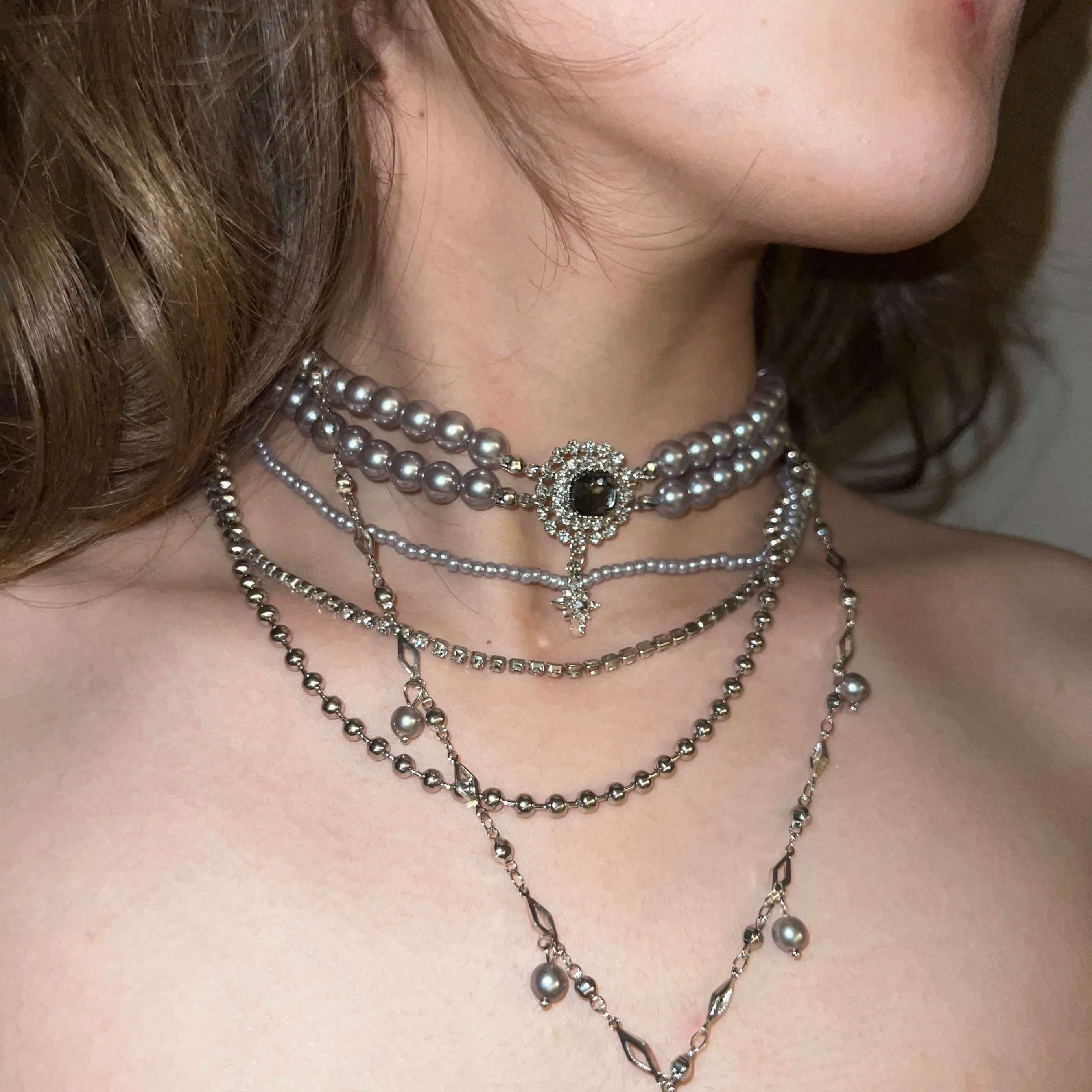 Layered Grey Pearl Gemstone Choker Necklace