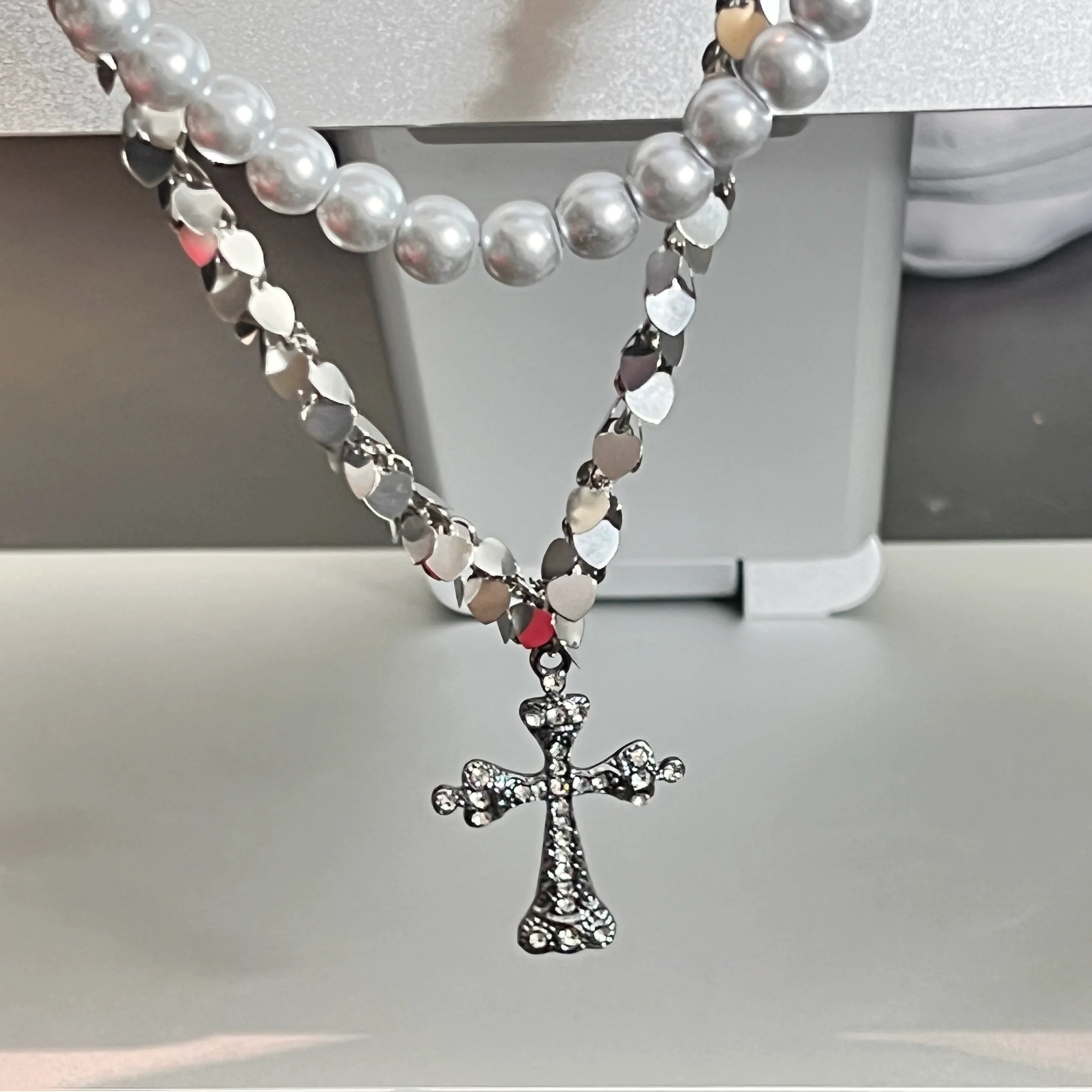 Layered Pearl Silver Cross Necklace