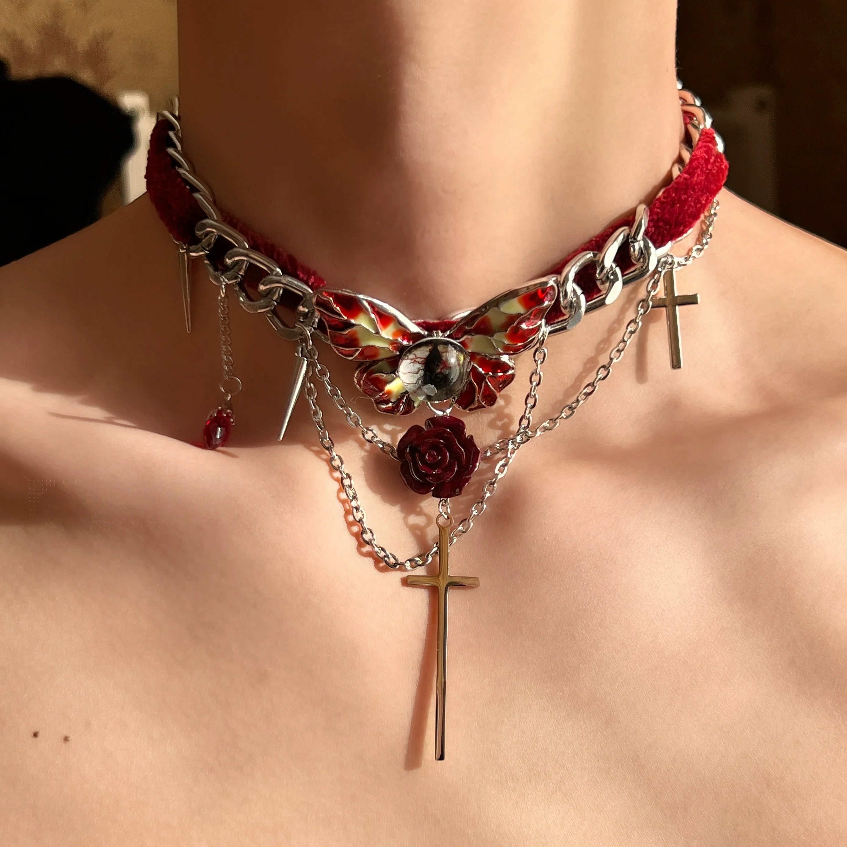 Vintage Red Velvet Butterfly Cross Necklace