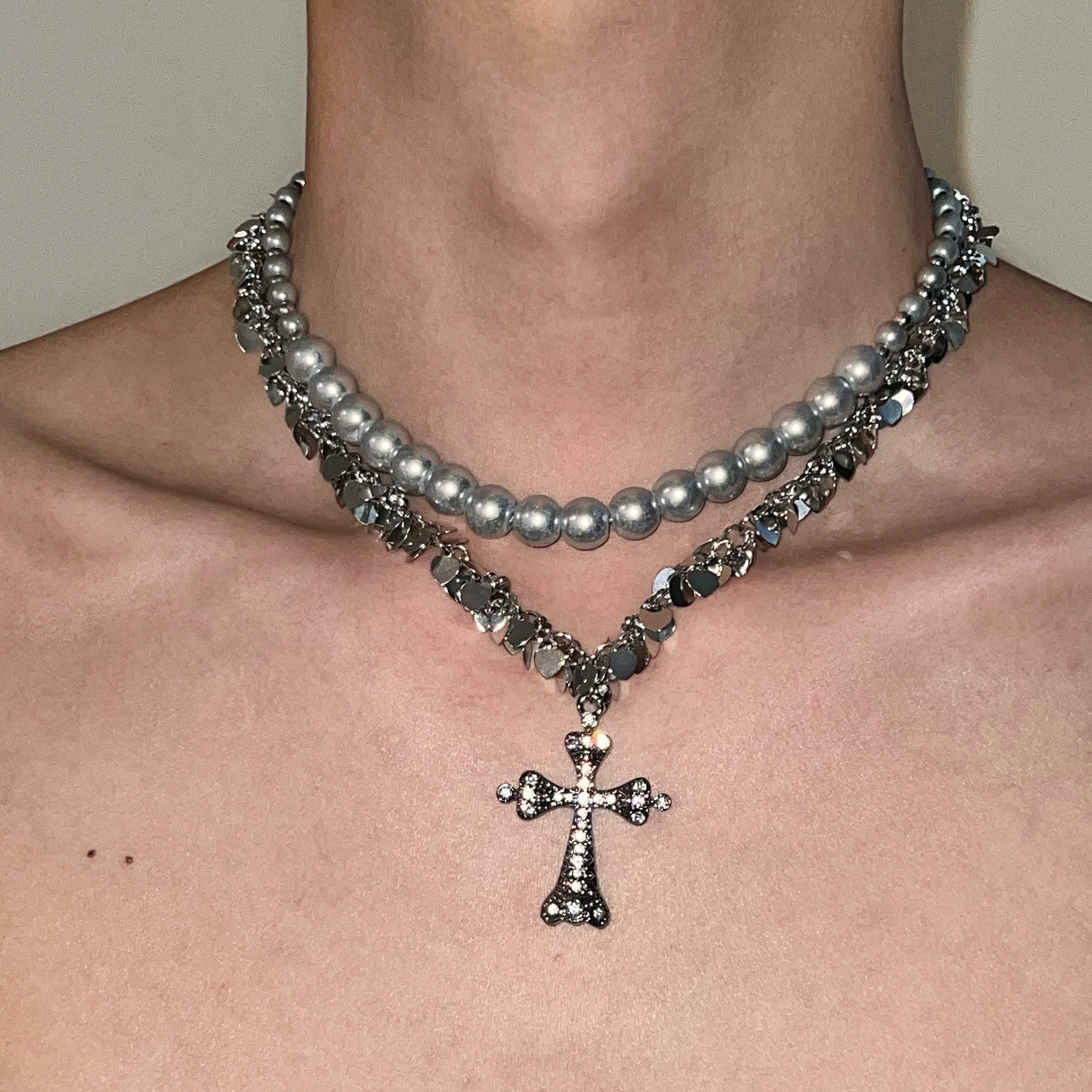 Layered Pearl Silver Cross Necklace