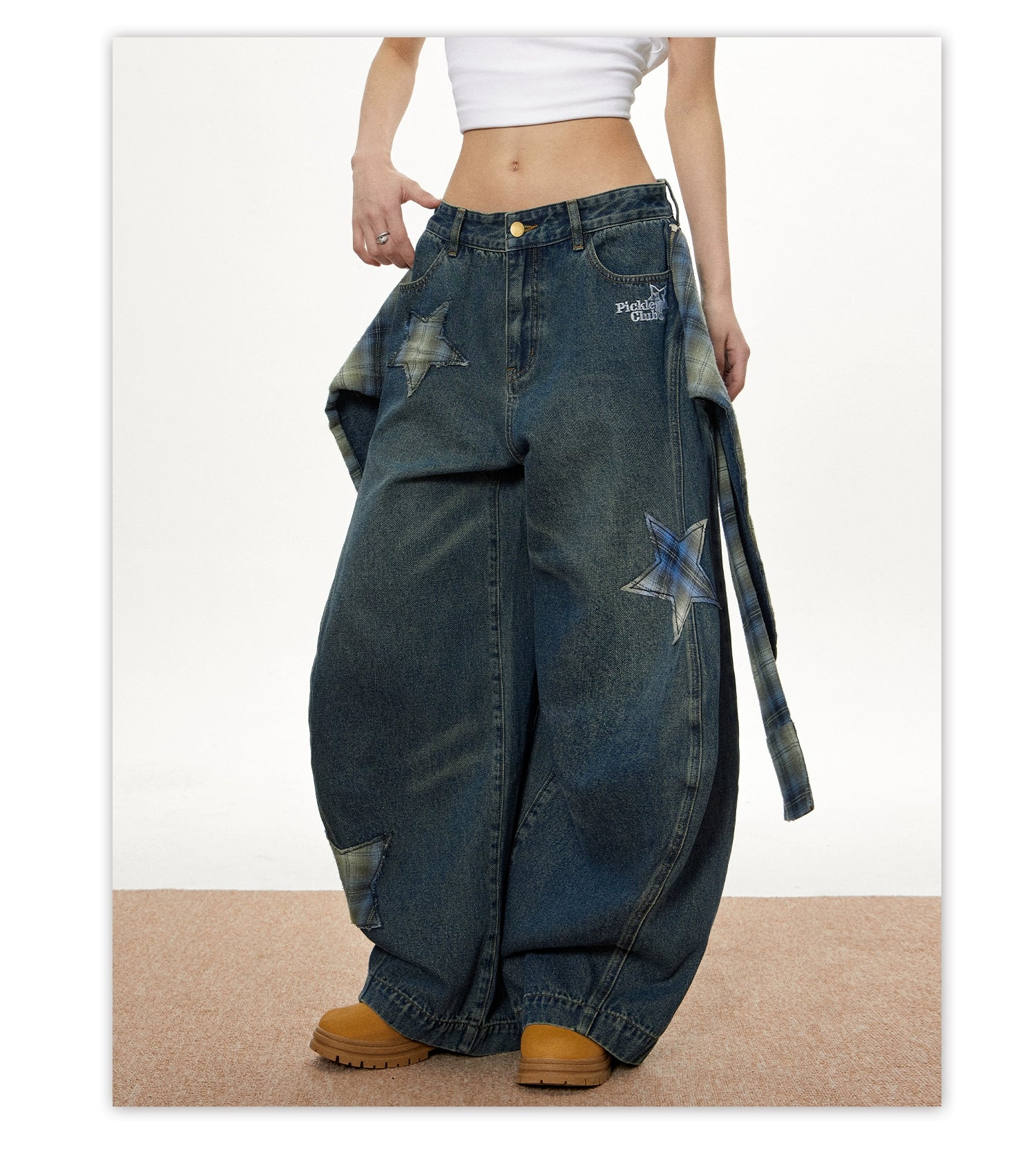 Discover hip-hop wide leg denim jeans from Sanhoostudio. Casual loose fit, mid-length cut, comfortable cotton blend with stretch – perfect streetwear style.
