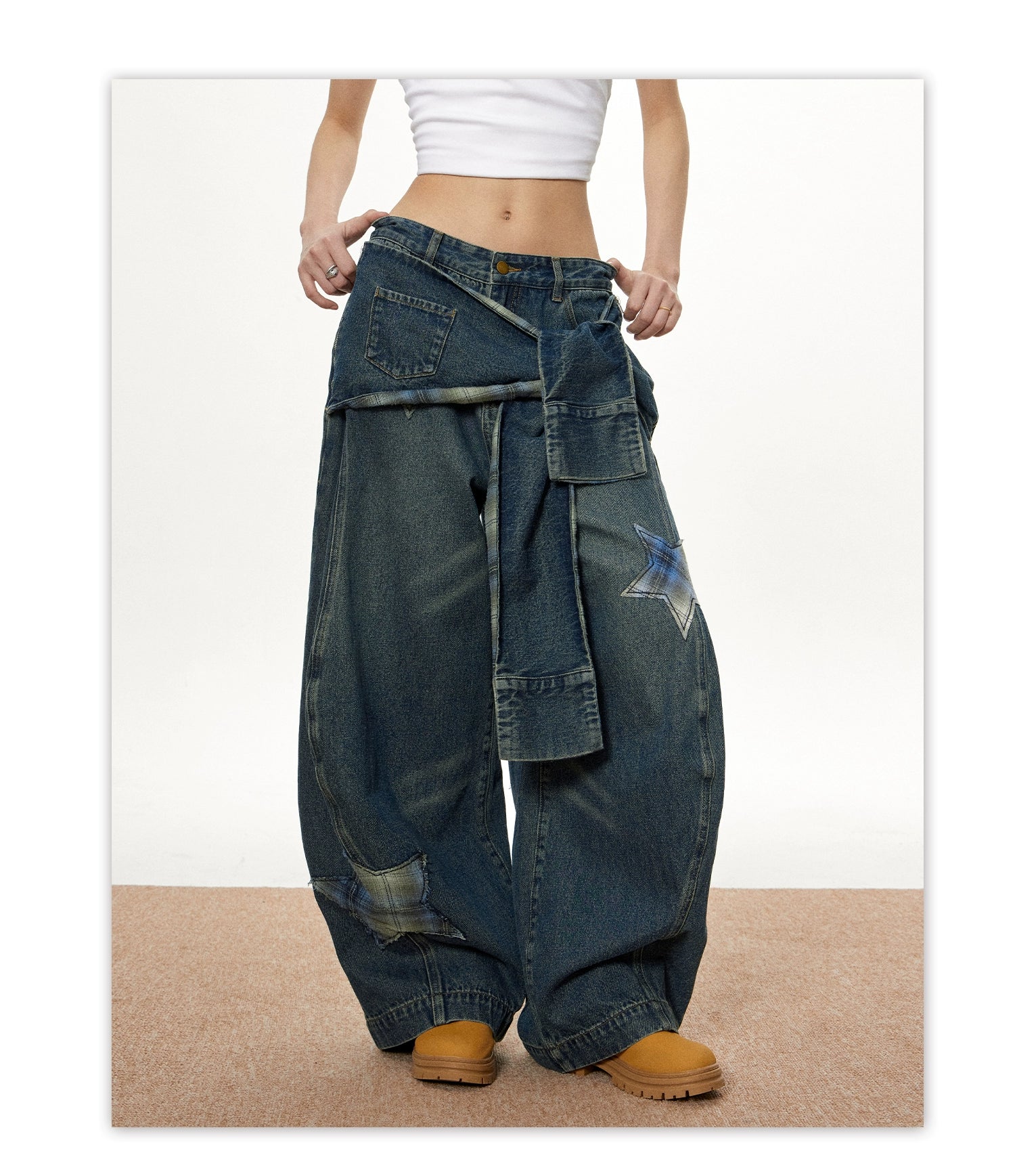 Discover hip-hop wide leg denim jeans from Sanhoostudio. Casual loose fit, mid-length cut, comfortable cotton blend with stretch – perfect streetwear style.