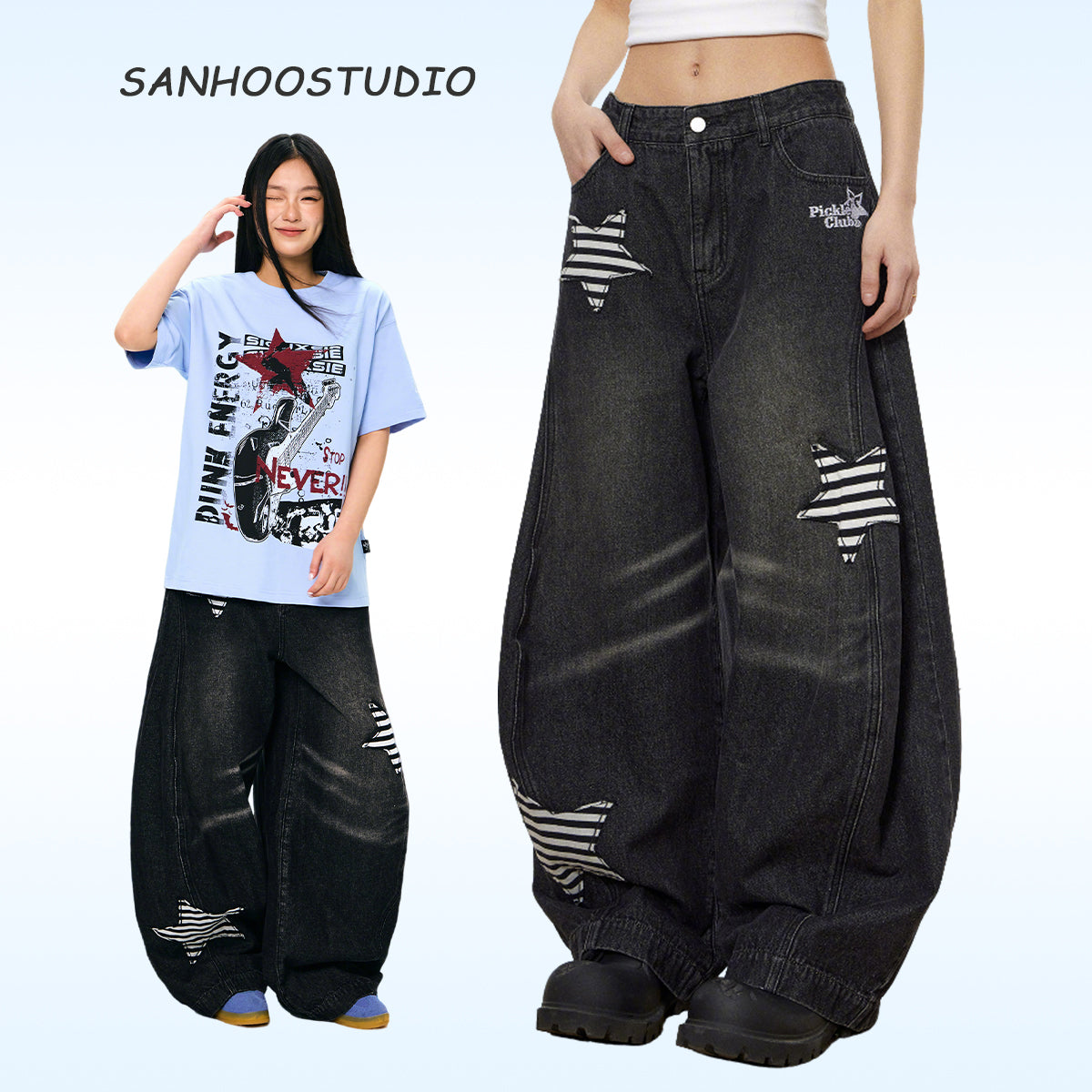 Discover hip-hop wide leg denim jeans from Sanhoostudio. Casual loose fit, mid-length cut, comfortable cotton blend with stretch – perfect streetwear style.