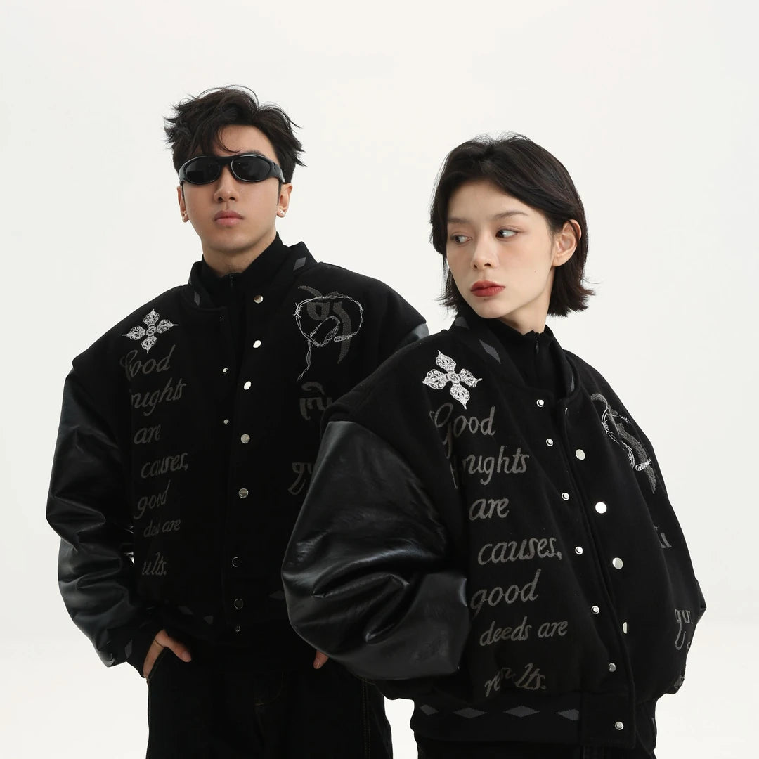 Sanhoostudio varsity jacket from the Dojie Unbound series, featuring Tibetan-inspired embroidery and heavyweight construction.