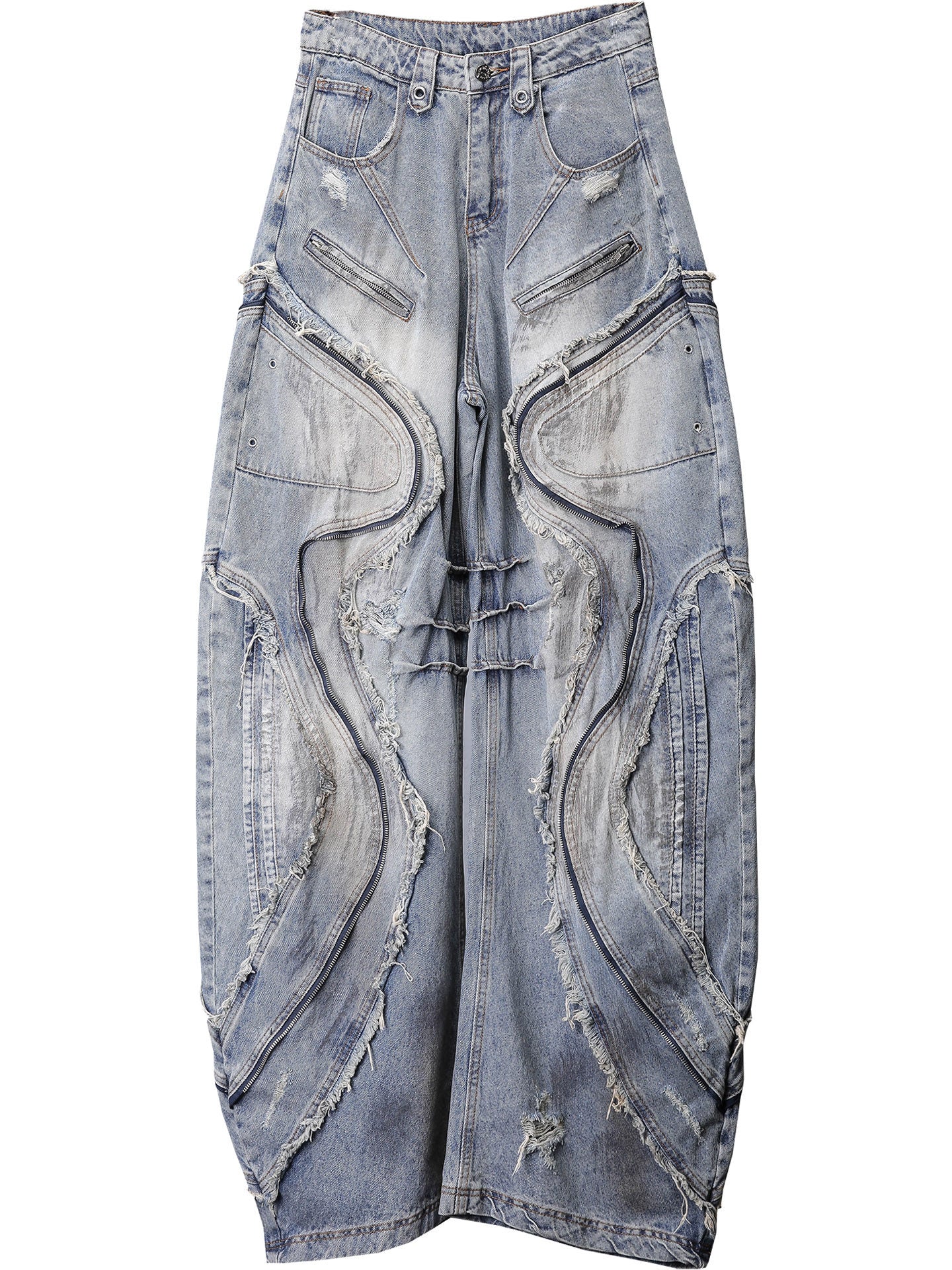 Sanhoostudio denim pants featuring fringe details, deconstructed design, and wide leg silhouette for standout streetwear outfits.