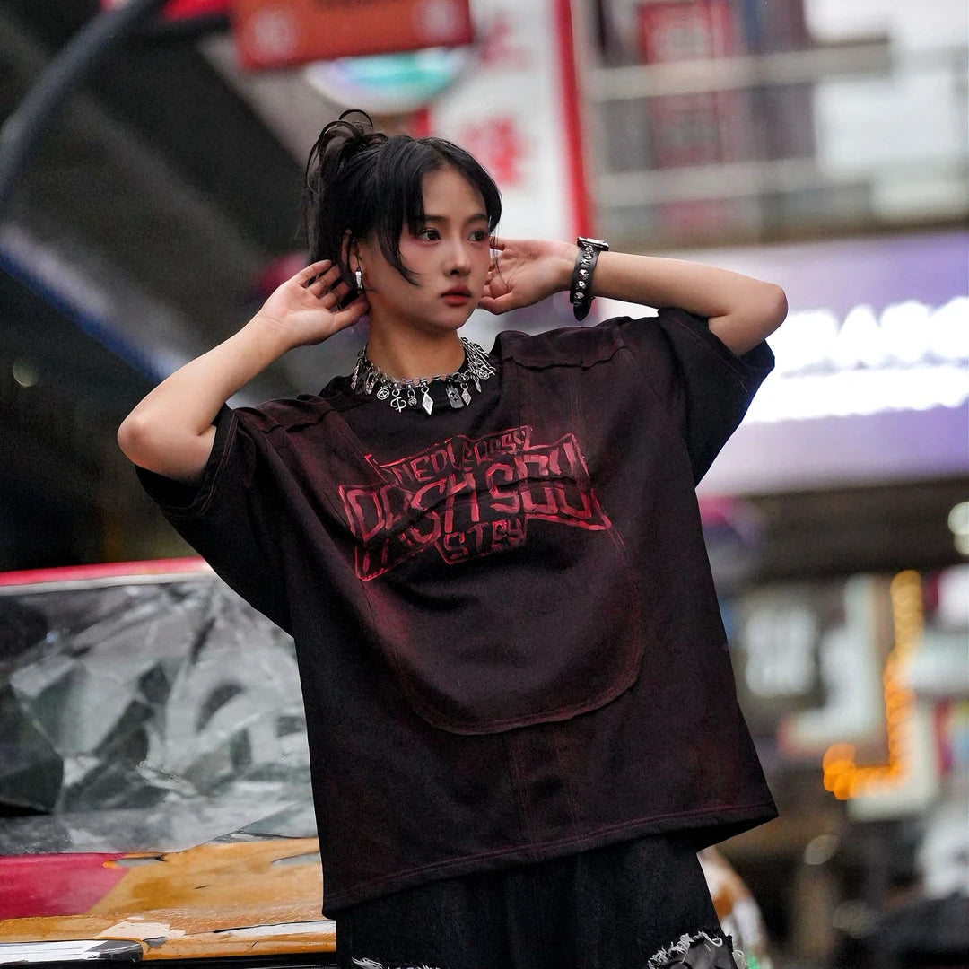Sanhoostudio oversized short sleeve T-shirt featuring graphic print design and relaxed fit silhouette. Perfect for streetwear outfits with breathable fabric, lightweight feel, and daily casual styling.