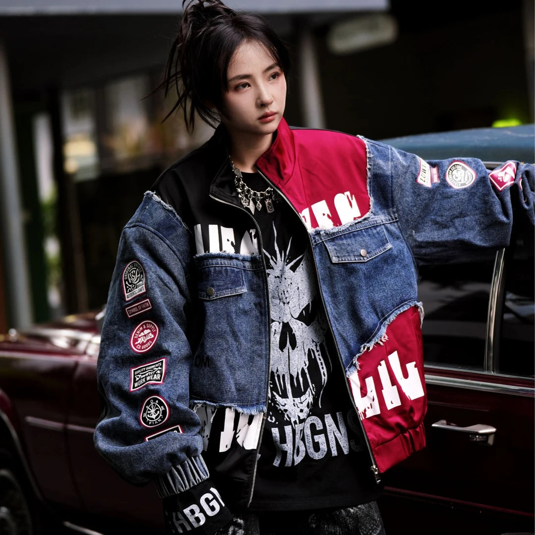 Sanhoostudio denim jacket featuring black patch applique embroidery, distressed surface detailing, and a relaxed oversized silhouette with added seasonal warmth. Designed for statement streetwear layering with rugged texture, handcrafted character, and versatile urban styling.